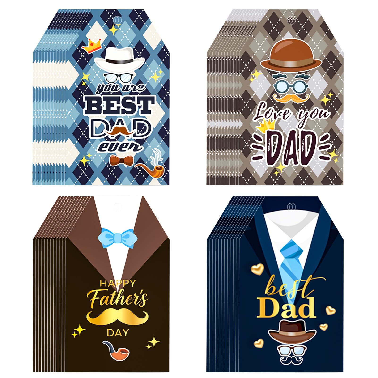 Konsait 64PCS Fathers Day Gift Tags, 4 Designs Double Sided Best Dad Gift Labels with Jute Twine, Suit Mustache Tie Tags for Party Favors, Presents, Treat Bags, Wine Bottles
