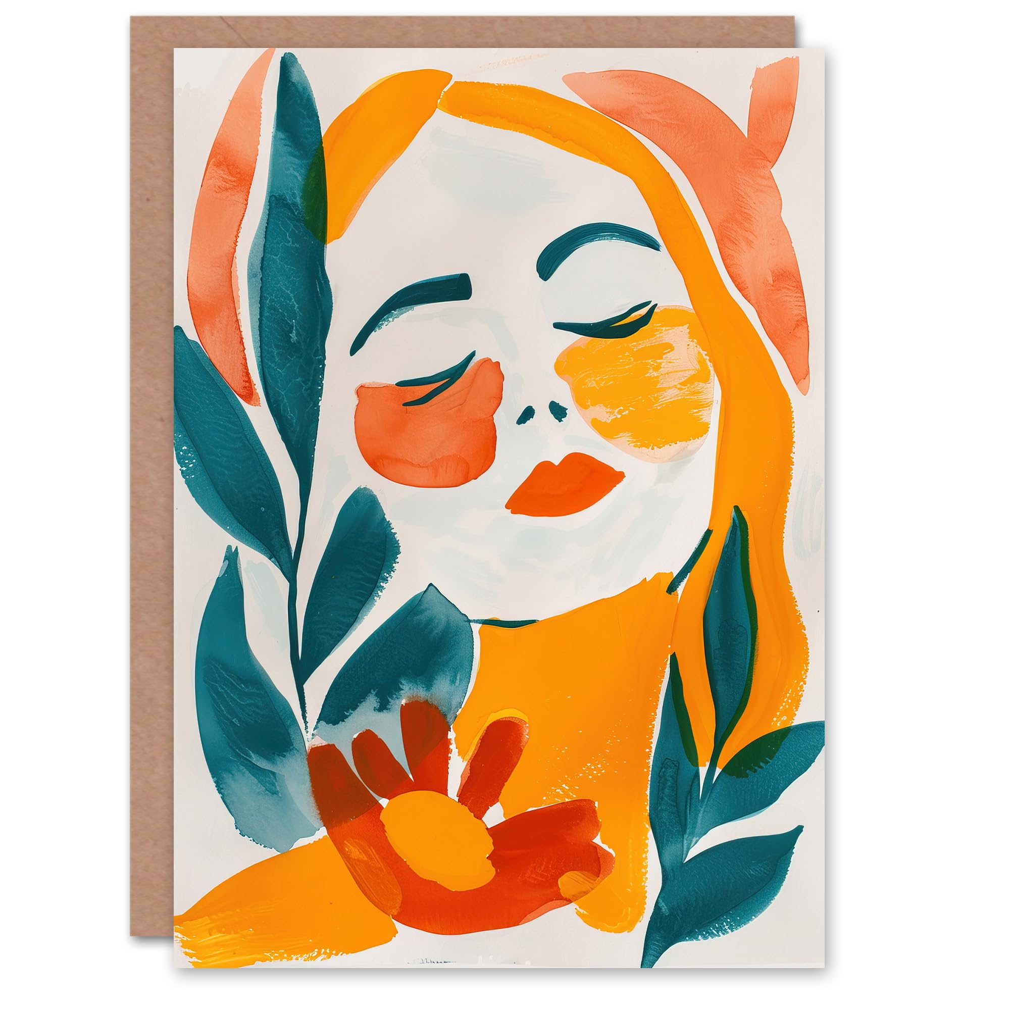 Artery8 Greeting Card Abstract Floral Female Portrait Orange Teal Boho Blank For Him Or Her Art Birthday Card