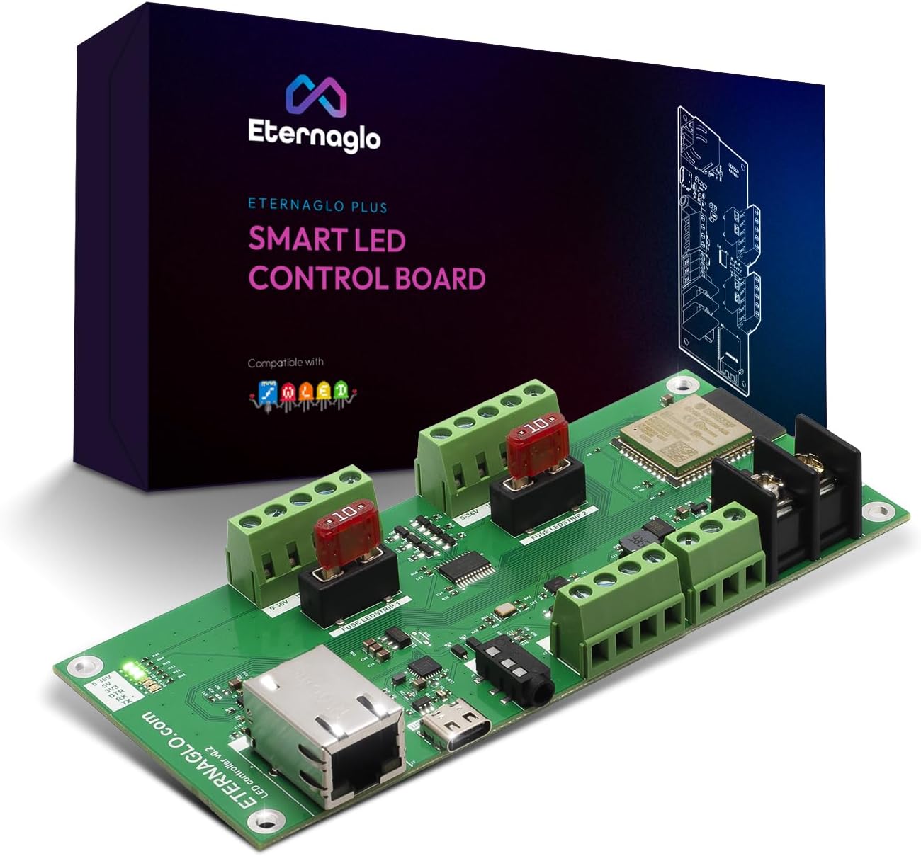 WLED Controller – Eternaglo Plus ESP32 5V-24V LED Control Board With 6 LED Outputs, Ethernet, and Relay Terminal – WLED Pre-Installed and Pre-Configured