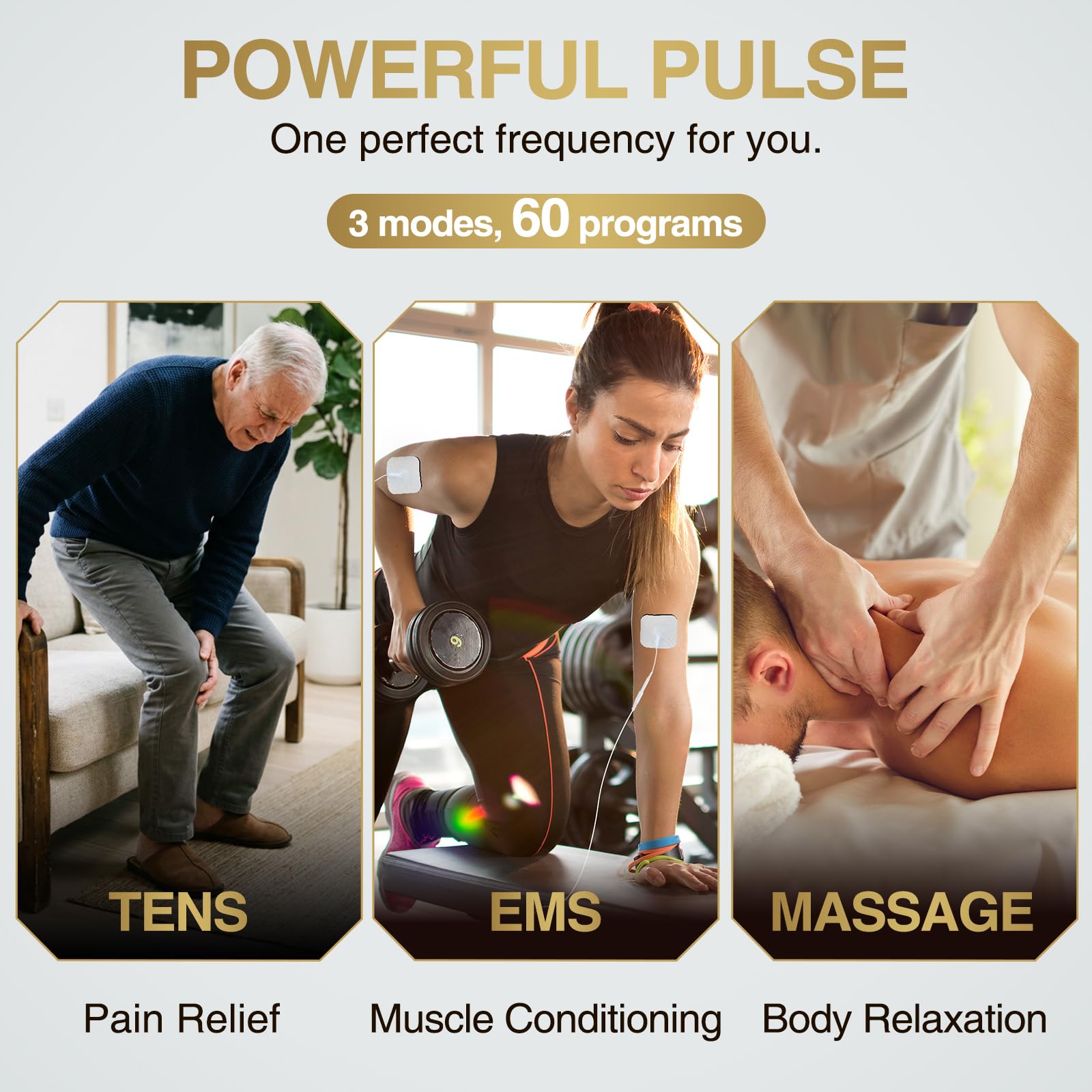 NURSAL 60 Modes TENS Unit Muscle Stimulator for Pain Relief Therapy, 3-in-1 Dual Channel EMS Muscle Stimulator for Back, Shoulder, Neck, Knee, Sciatica, Rechargeable TENS Machine with 12 TENS Pads — Amazon image 2