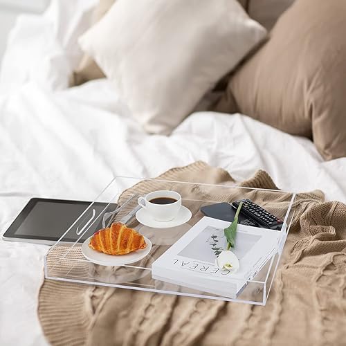 Miniatura 3 de MIKINEE Bandeja de servir de acrílico transparente de 19 x 19 pulgadas con asas, bandeja otomana extra grande, bandeja decorativa a prueba de