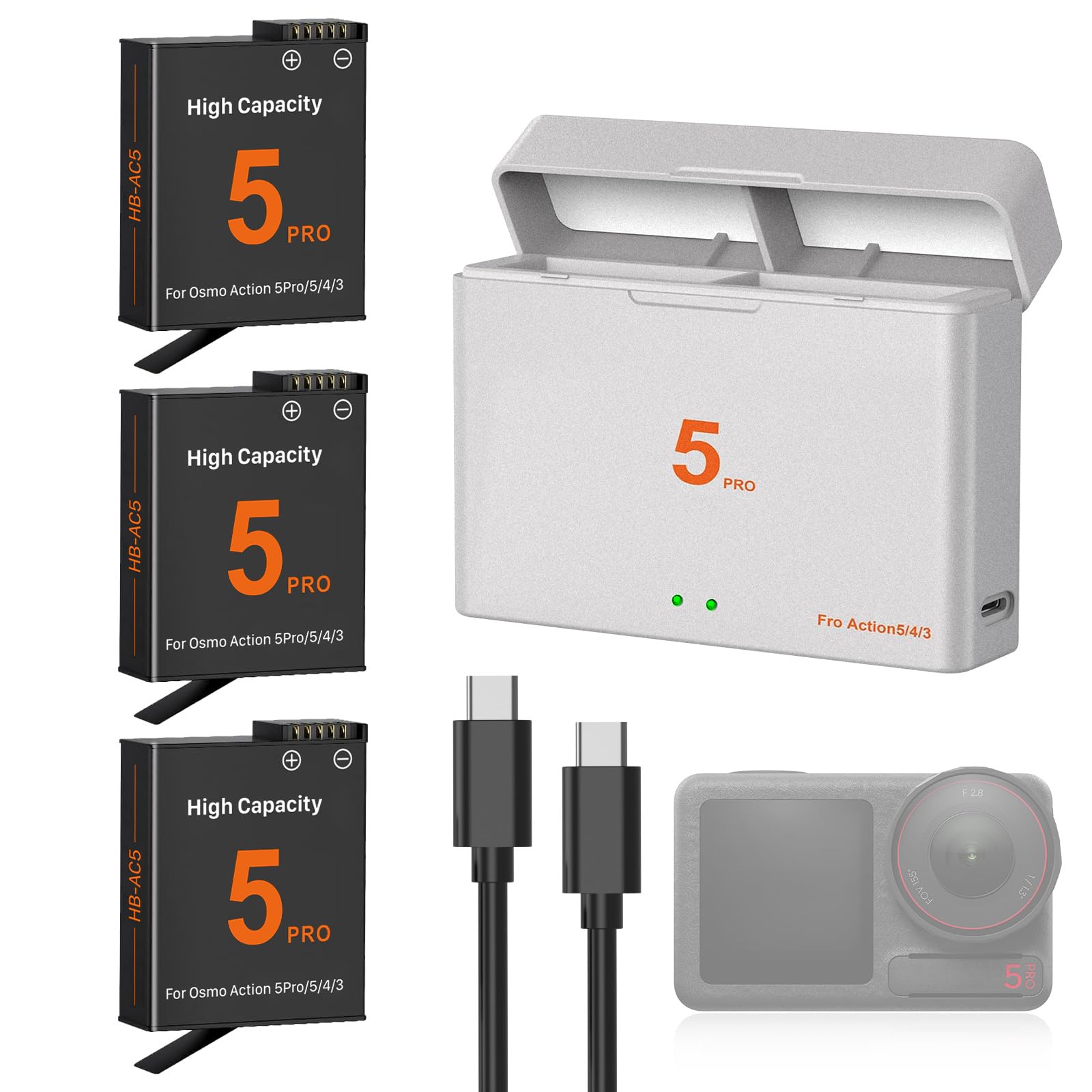 OSMO Action 6/5 Pro/4/3, kit di 3 batterie di ricambio da 2800 mAh, tipo C, USB, doppio canale, caricatore LED per OSMO Action 6/5 Pro/OSMO Action 4/OSMO Action 3 (3 batterie + 1 ricarica)