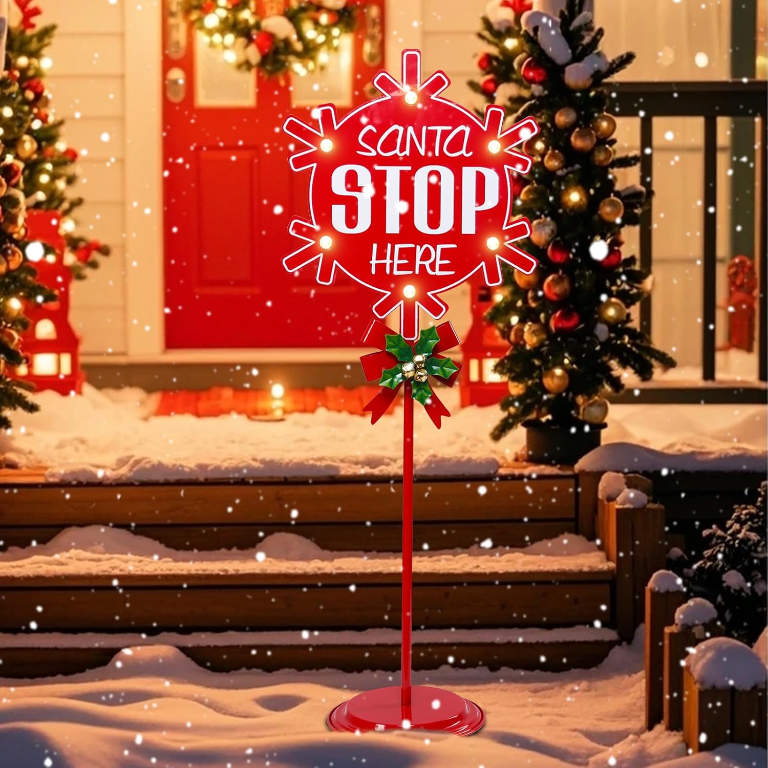 WONDER GARDEN Christmas Porch Sign - Lighted Christmas Signs Indoor Outdoor, 31 Inch Metal Standing Yard Stake Santa Stop Here Sign Decorations for Home or Party Holiday Door Outside Gift