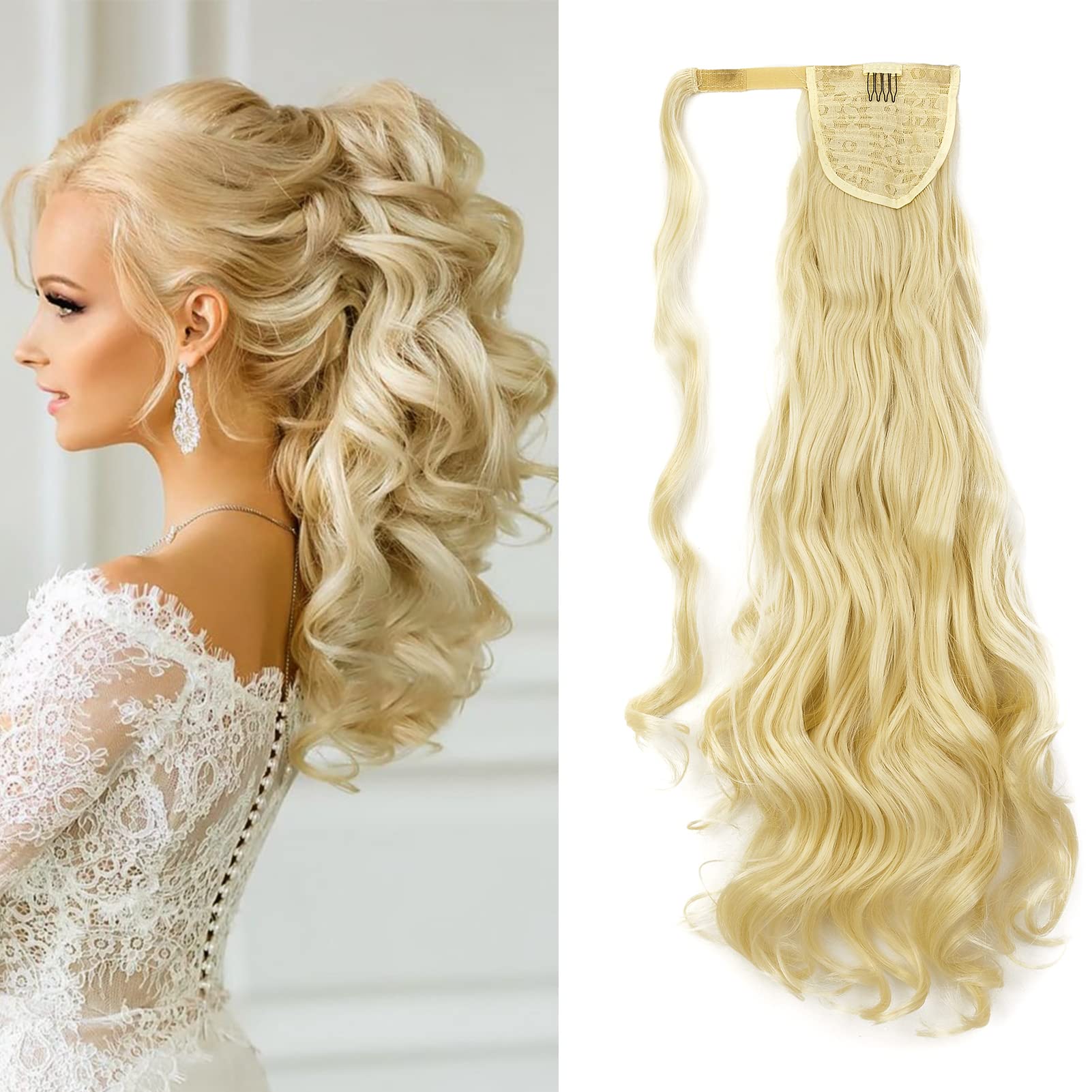 Long Curly Ponytail Extension Wrap Around Clip in Ponytail Hair Extensions Wavy 24 inch Synthetic Hairpieces for Women Real Natural Look Wave (Bleach Blonde)