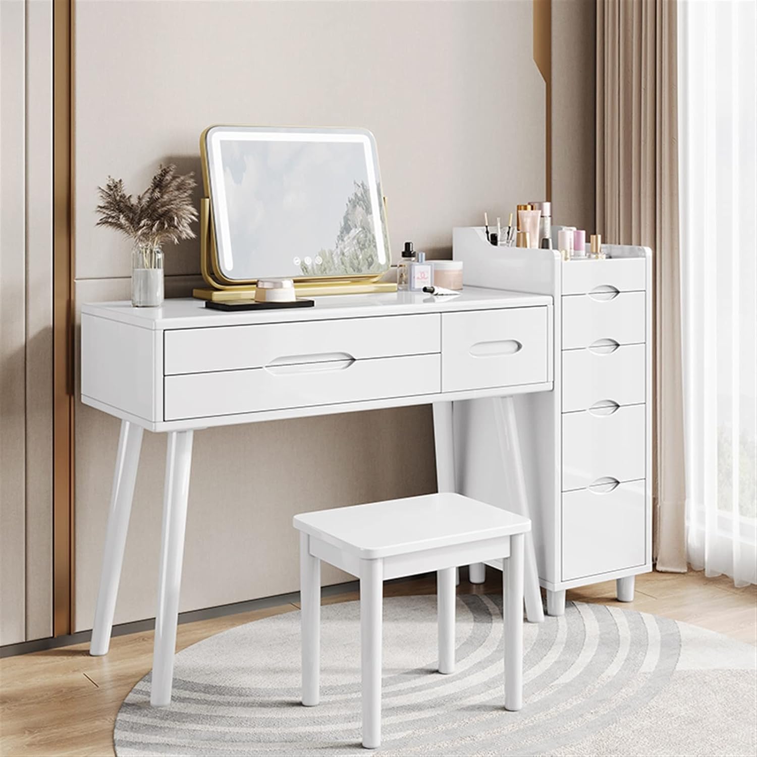 Vanity Dressing Table Set Luxury Makeup Bench with 3 Colors Led Hd Mirror,Comfortable Stool Drawers Cabinet,Modern Simple Style,for Girl's Gift (Size : C) ()