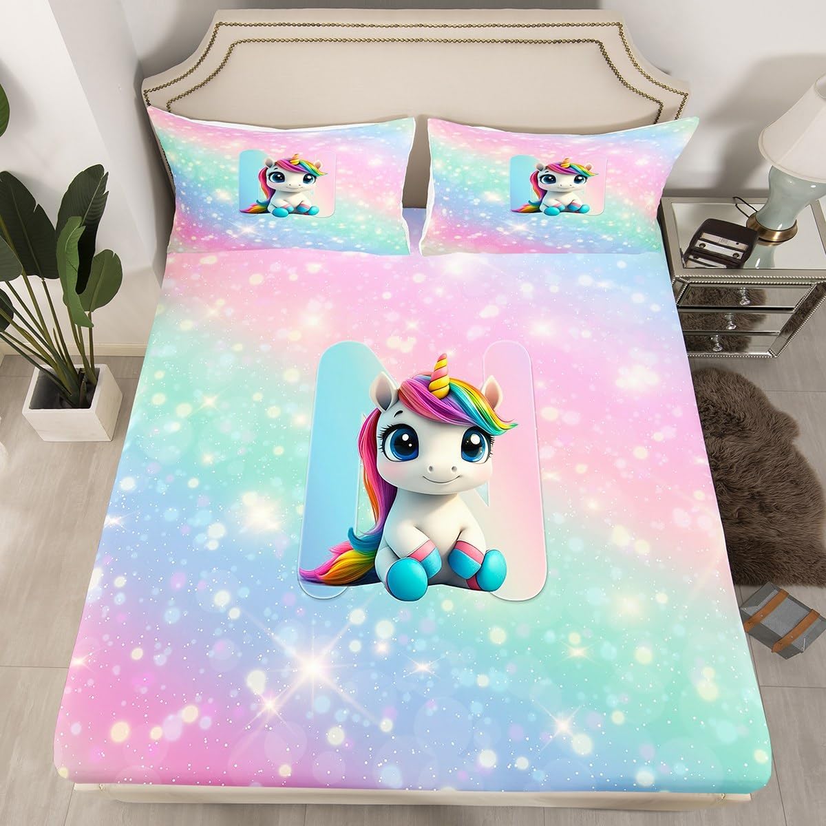 Unicorn Girls Bed Sheets Queen for Kids Rainbow Pink Unicorn Bedding Set, Galaxy Stars Gradient Glitter Fitted Sheet for Princess Style Room Decor Kawaii Cute Monogram N Sheets, Breathable