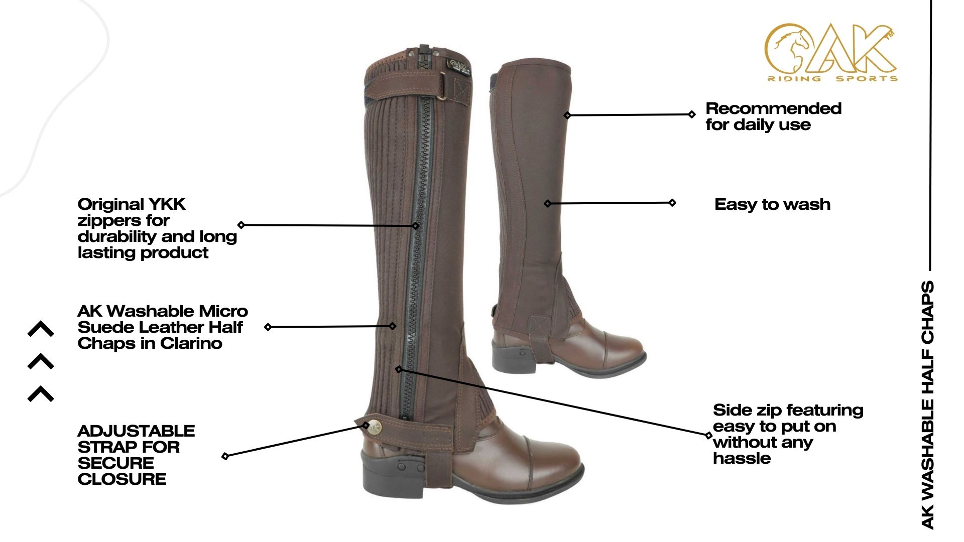 Demi-Chaps D'Équitation AK En Néoprène - Extensible, Avec Renfort Cuir, Fermeture YKK, Taille XS à 4XL