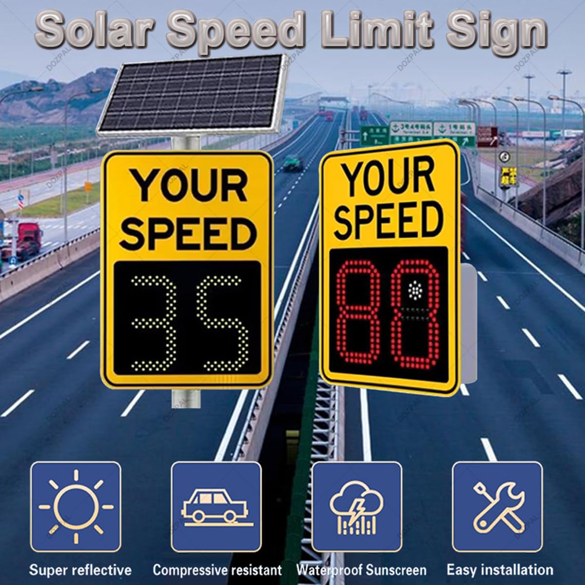 Señal de límite de Velocidad con Radar Solar - Pantalla LED de 2 o 3 dígitos con Detector de Velocidad, señal de retroalimentación - Control Remoto 3-digit-50×70cm