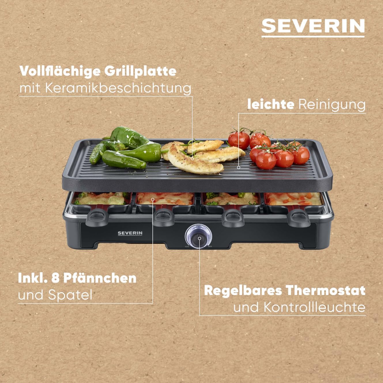 Severin Raclette-Grill 1400W Tischgriff mit Keramik- & Antihaftbeschichtung 8 Pfännchen RG 9670 schwarz