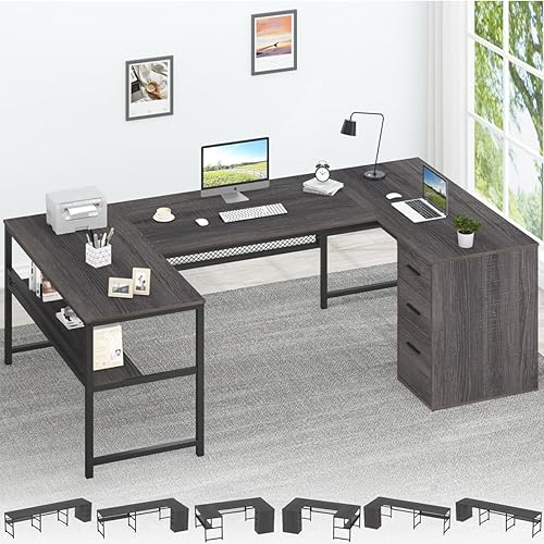 Miniatura 8 de LVB Escritorio en forma de U con cajones, escritorio para computadora en forma de L con estante de almacenamiento, escritorio ejecutivo grande