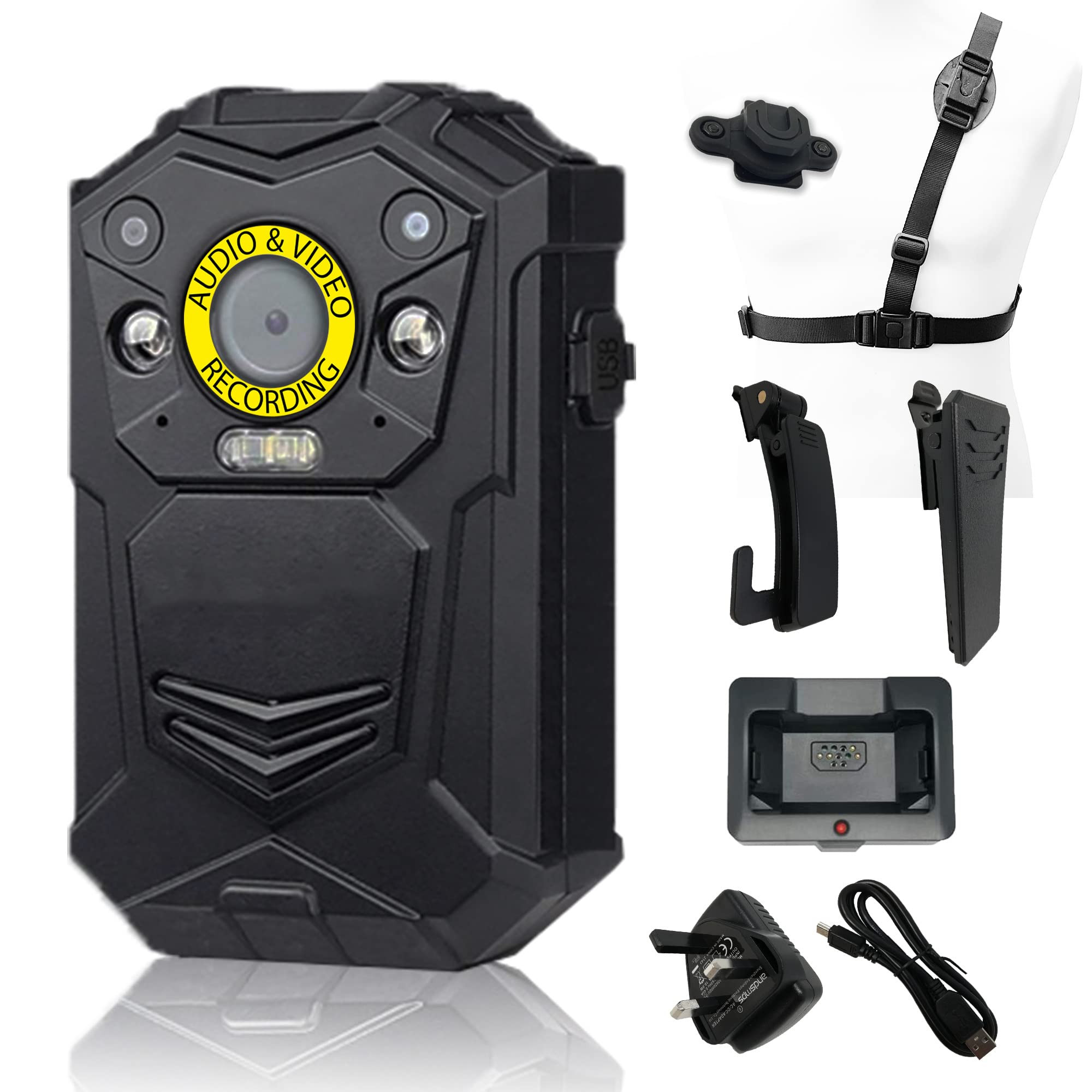 Brifield® BR1 Body Camera QHD 1512p, 32GB Internal Memory Card, Night Vision | Body Cam, Body Worn Camera, Body Cameras | klick Fast Shoulder Harness and Connector