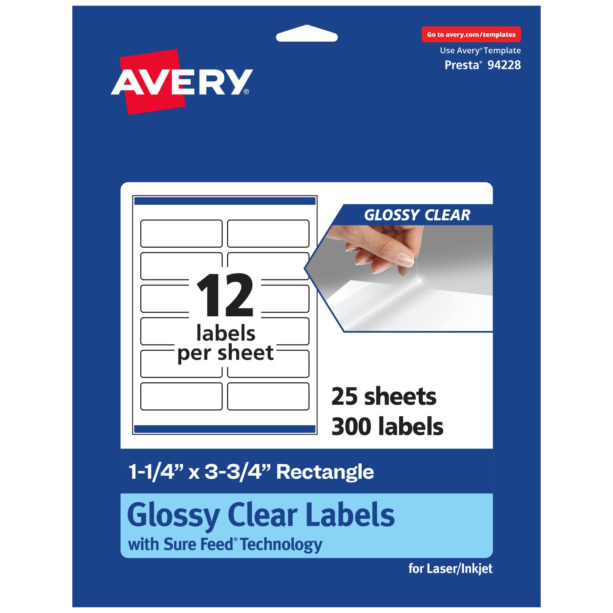 Avery Glossy Clear Rectangle Labels, Sure Feed Technology, 1.25" x 3.75", 300 Glossy Clear Labels, Print-to-The-Edge, Laser/Inkjet Printable