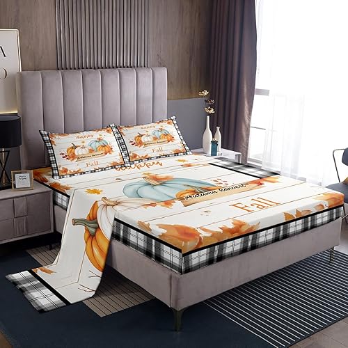 Manfei Juego de sábanas de cosecha de otoño, tamaño matrimonial, juego de sábanas de flores de hoja de calabaza de otoño, 4 piezas con sábana bajera