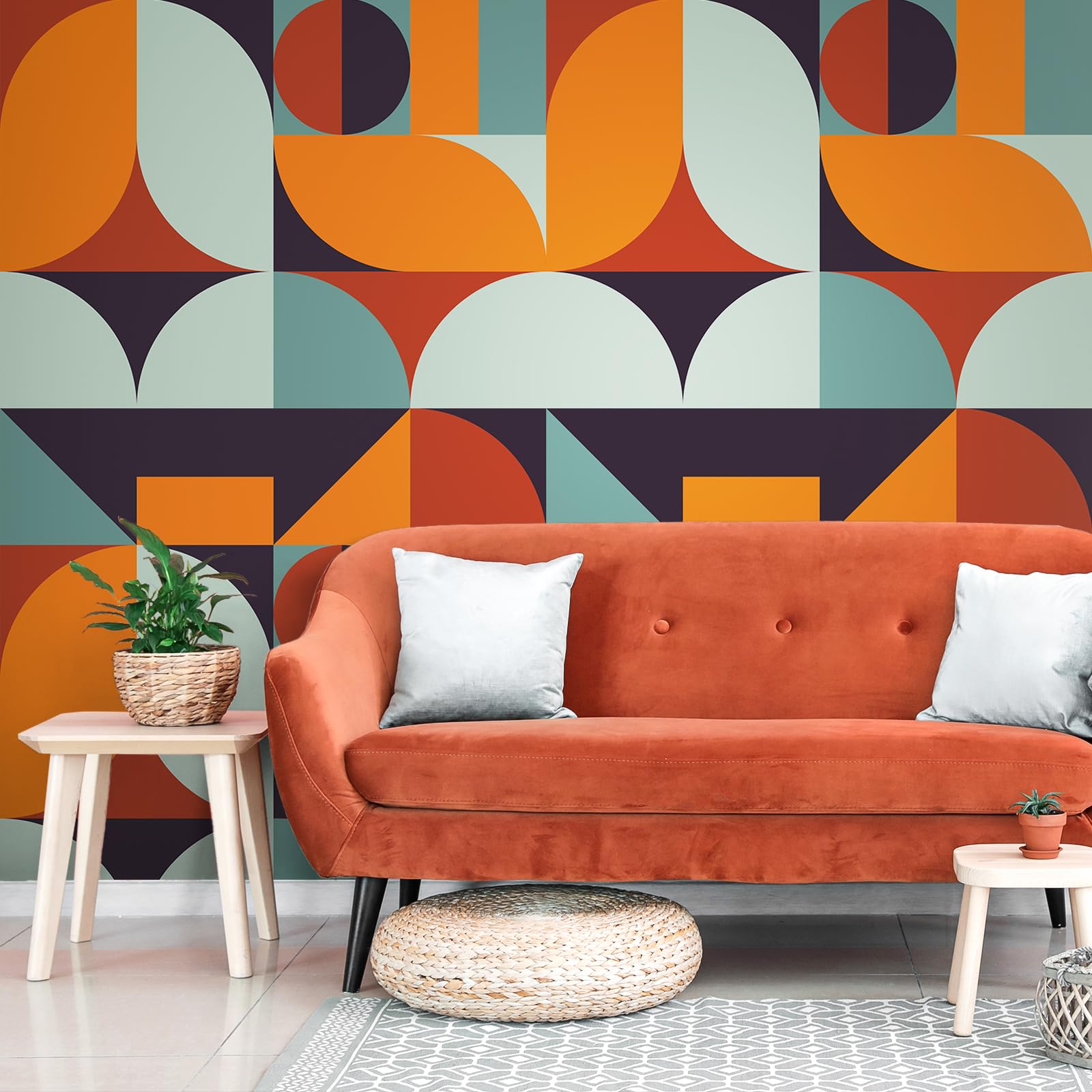 VEELIKE Orange and Blue Irregular Geometric Wallpaper Abstract Geometric Contact Paper Boho Wall Décor Bedroom Hallway Vinyl Wrap for Furniture Sticker Colourful Wallpaper for Livingroom 44.5cm×300cm - Image 2