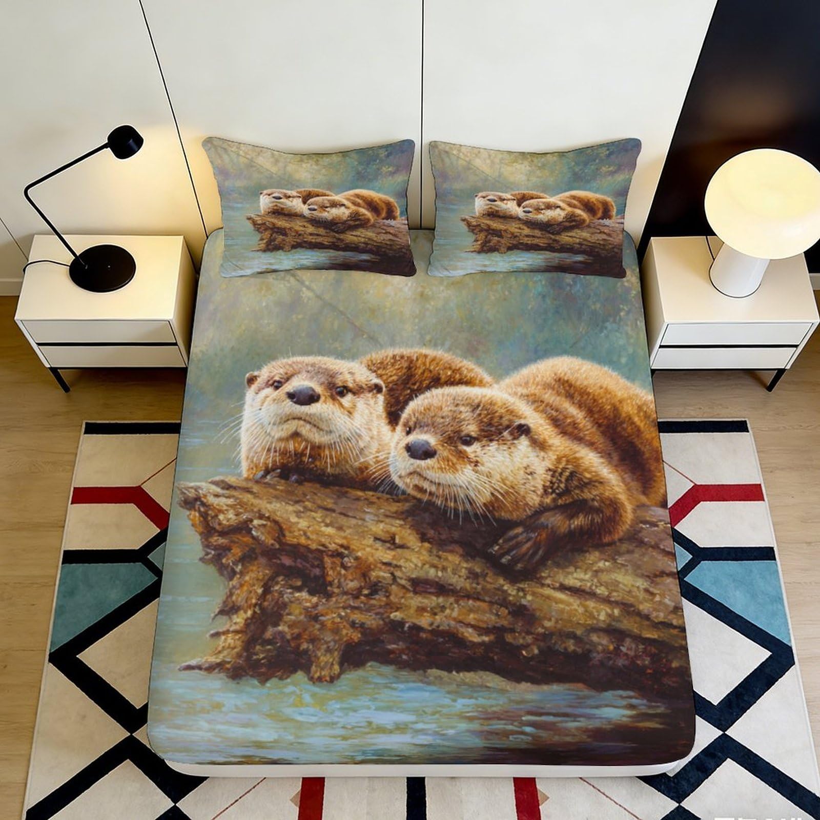 3D Printed Otter Design Fitted Sheet Microfiber Soft Breathable River Animal Bed Cover with Mattress Protection for Bedroom Dormitory Guest Room 140x200x25cm