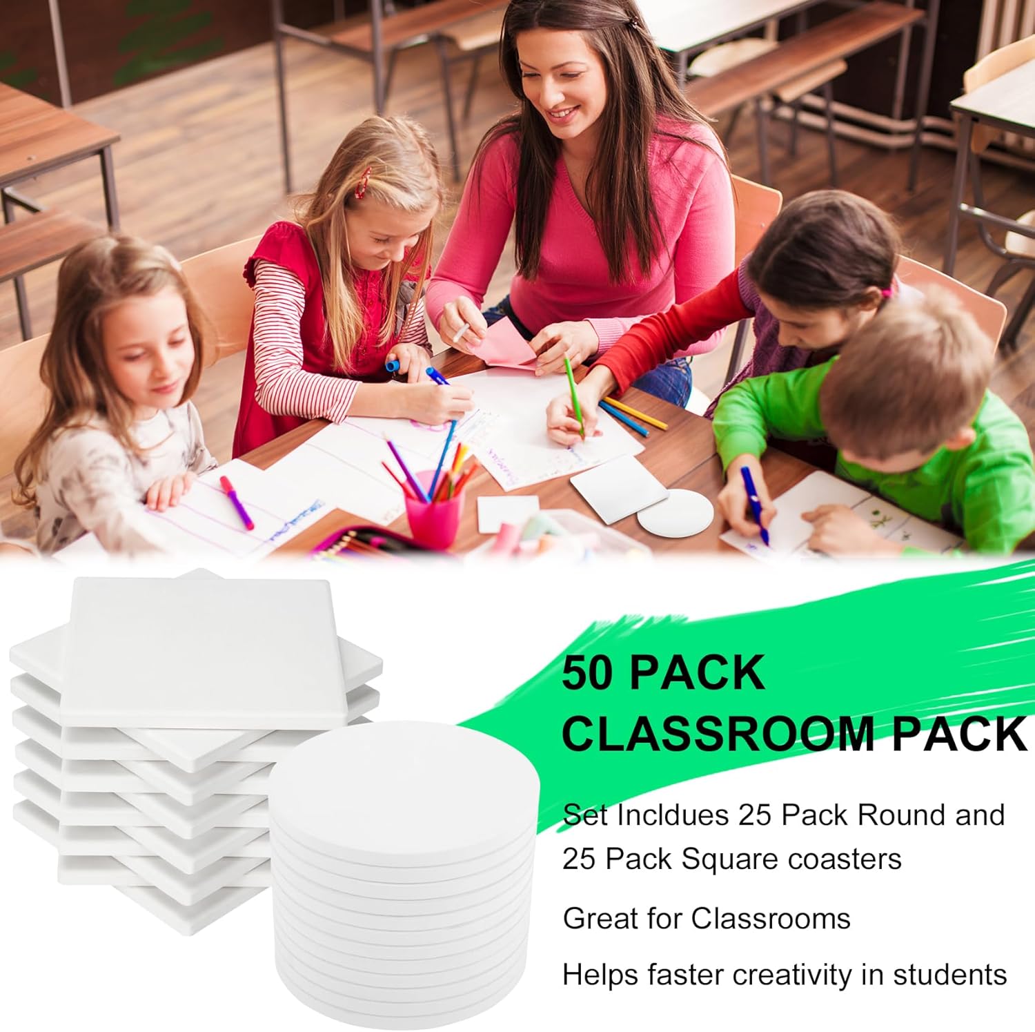 Ceramic Tiles for Crafts, 50 Pack White Unglazed 4 Inch with 50 Pack Cork Backing Pads - Includes Square and Round Coasters for DIY Arts Craft Projects
