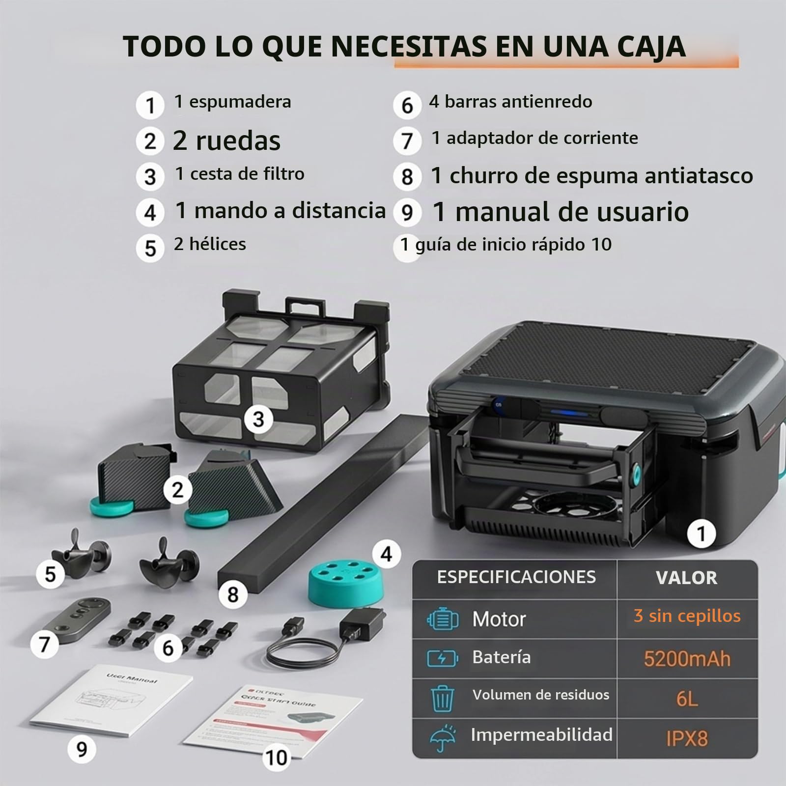 Robot Skimmer Solar con Batería 5200mAh, 20H+ Autonomía, Limpiador Automático de Superficie, 3 Motores Brushless, IPX8 Impermeable, Cesta 6L Mantenimiento Alberca