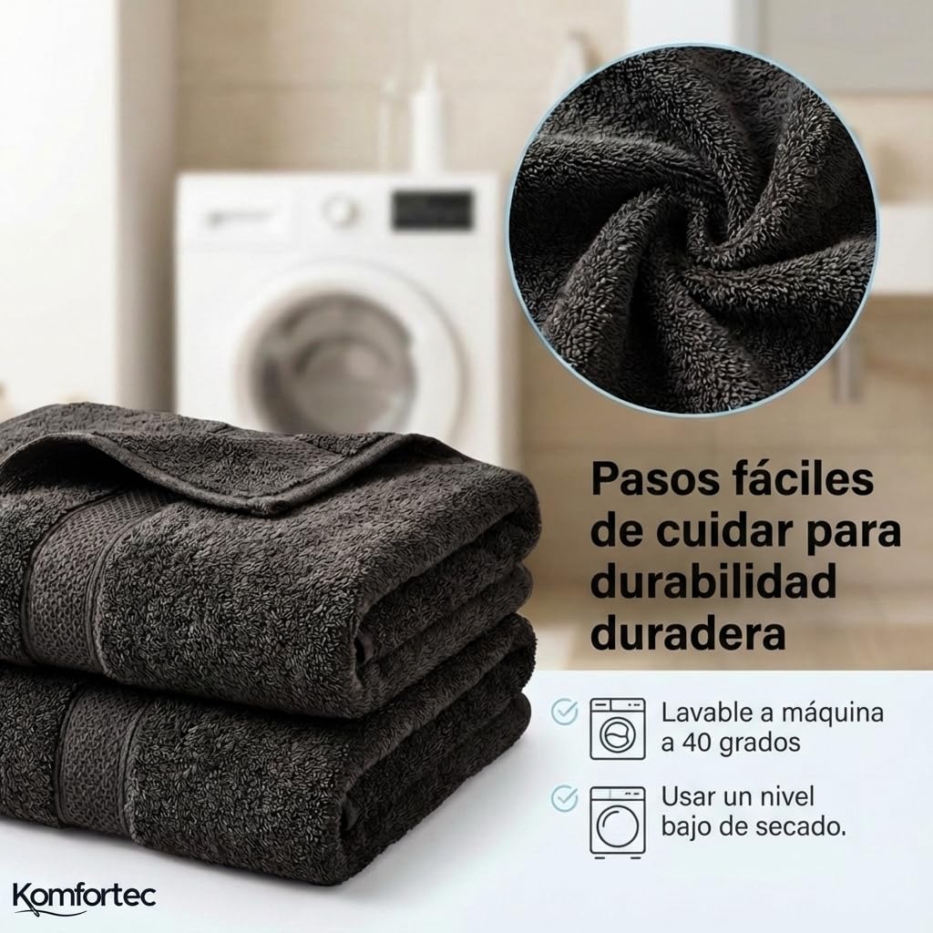Komfortec Juego de 8 Toallas 100% Algodón | 4 Toallas de Baño 70 x 140 cm y 4 Toallas de Lavabo 50 x 100 cm – Juego de Toallas Suaves y Absorbentes – Negro
