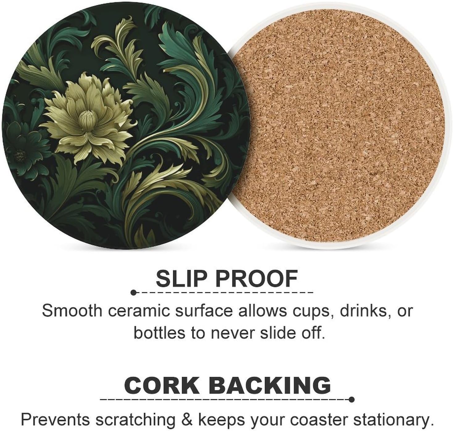 6PCS Dark Green and Green Style Coasters Non-Slip Round Drink Coasters with Ceramic Stone and Cork Base, Heat Resistant Absorbent 33.00Stone Coaster Set for Kinds of Mugs and Cups, 4 Inch