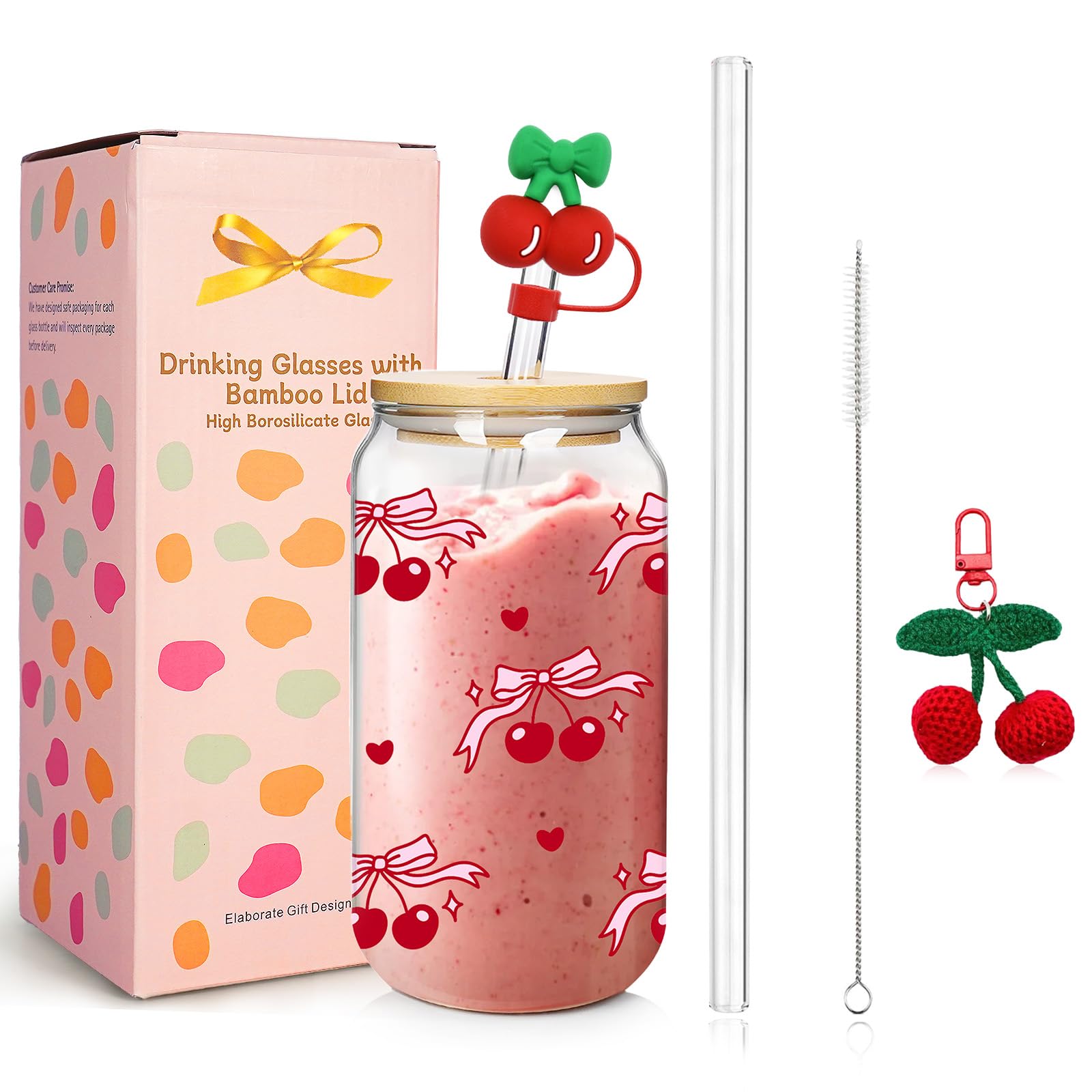 Mason Life Glass Cups with Lids and Straws, Pink Cherry Iced Coffee Cup,Decorative Cherry Design