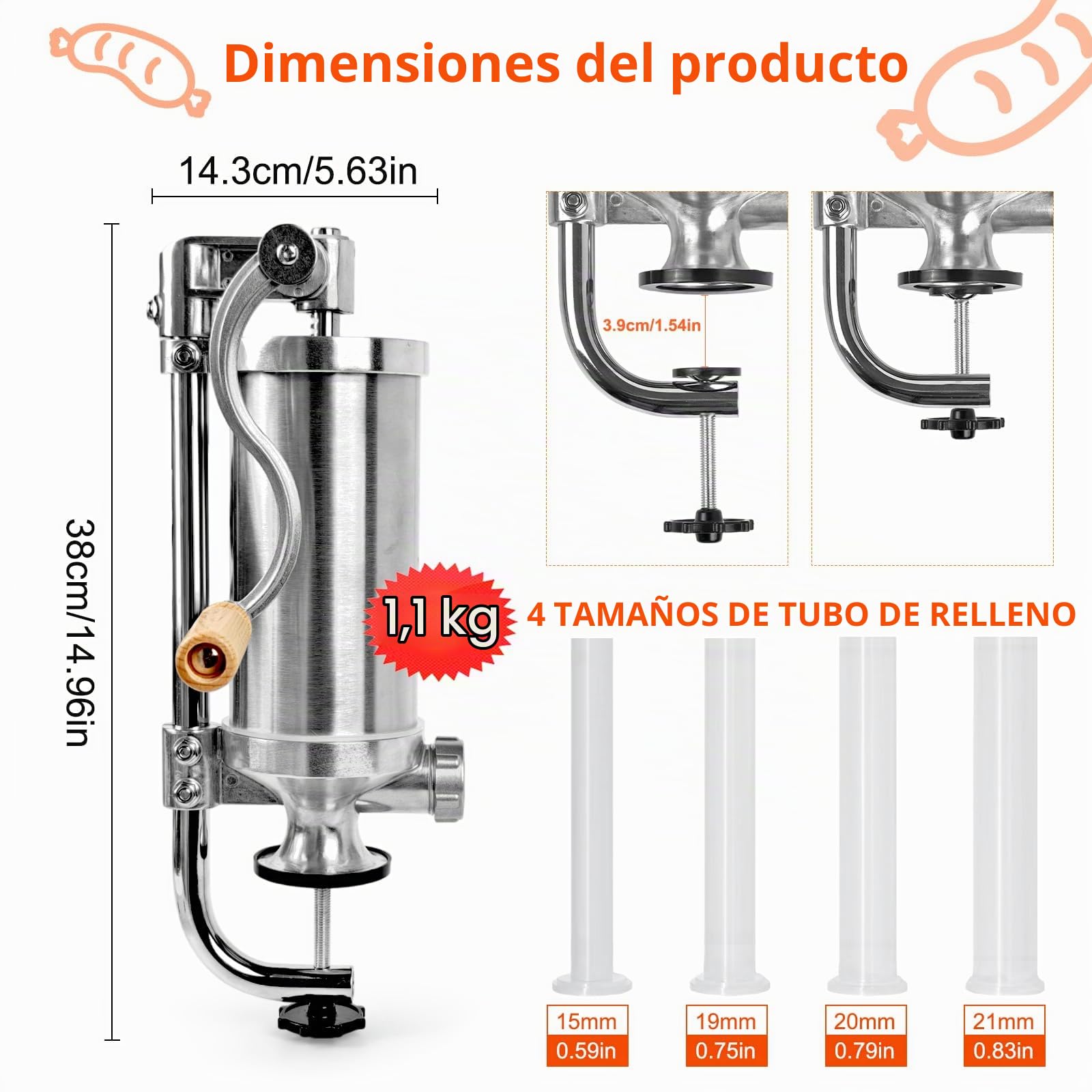Joyeee 2.5 LB Embutidora de Salchichas Manual, Vertical Máquina para Embutidos de acero inoxidable con 4 tubos de llenado, para Hacer Chorizo Hot Dogs Bratwurst Tanto para Uso Doméstico como Comercial