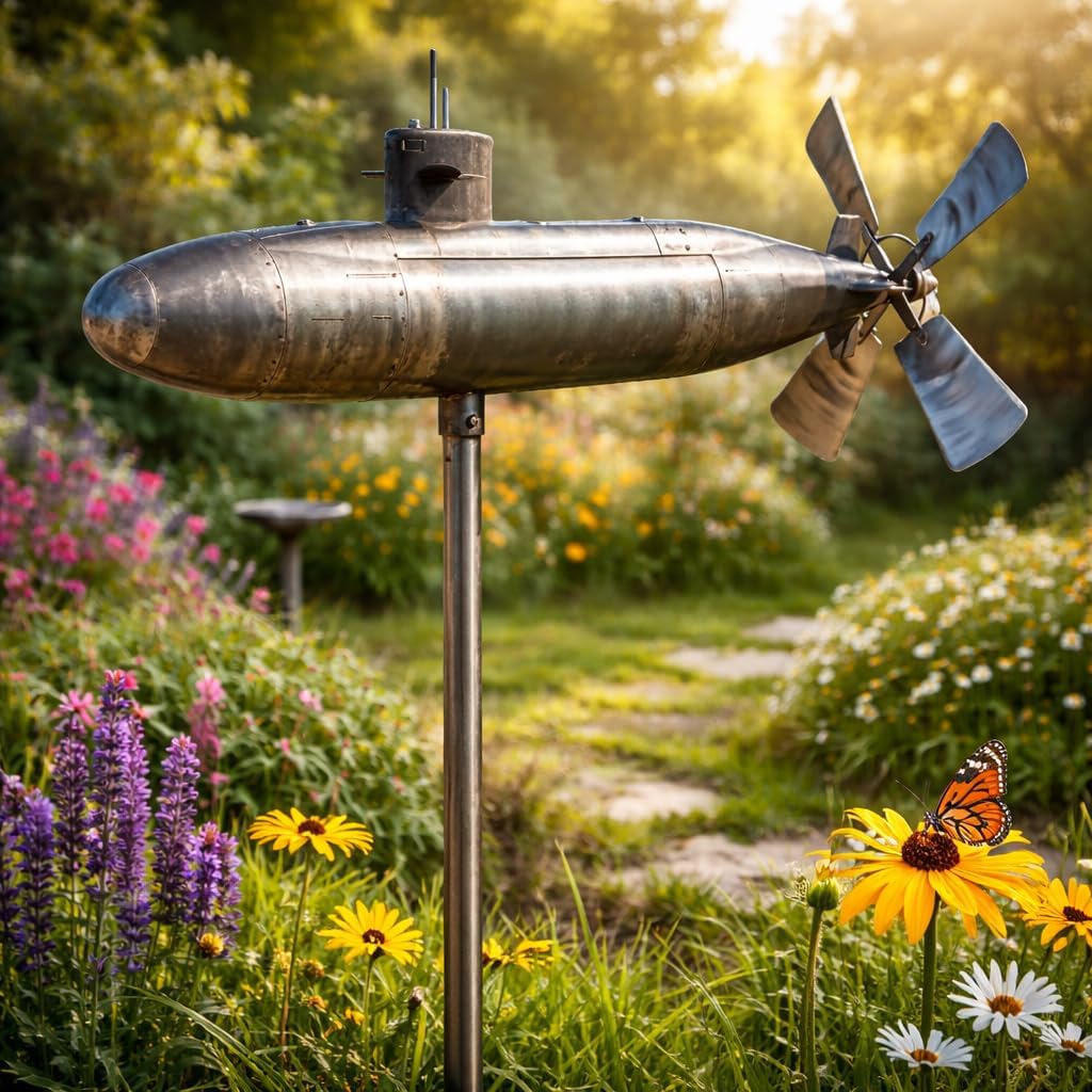 Submarine Wind Spinner, Wind Spinner Outdoor Garden Decor, Rotating Submarine Yard Spinner with Spin Blades, Motion Art Wind Sculpture for Patio, Propeller Windmill, for Patio Lawn Flower Bed (#2)