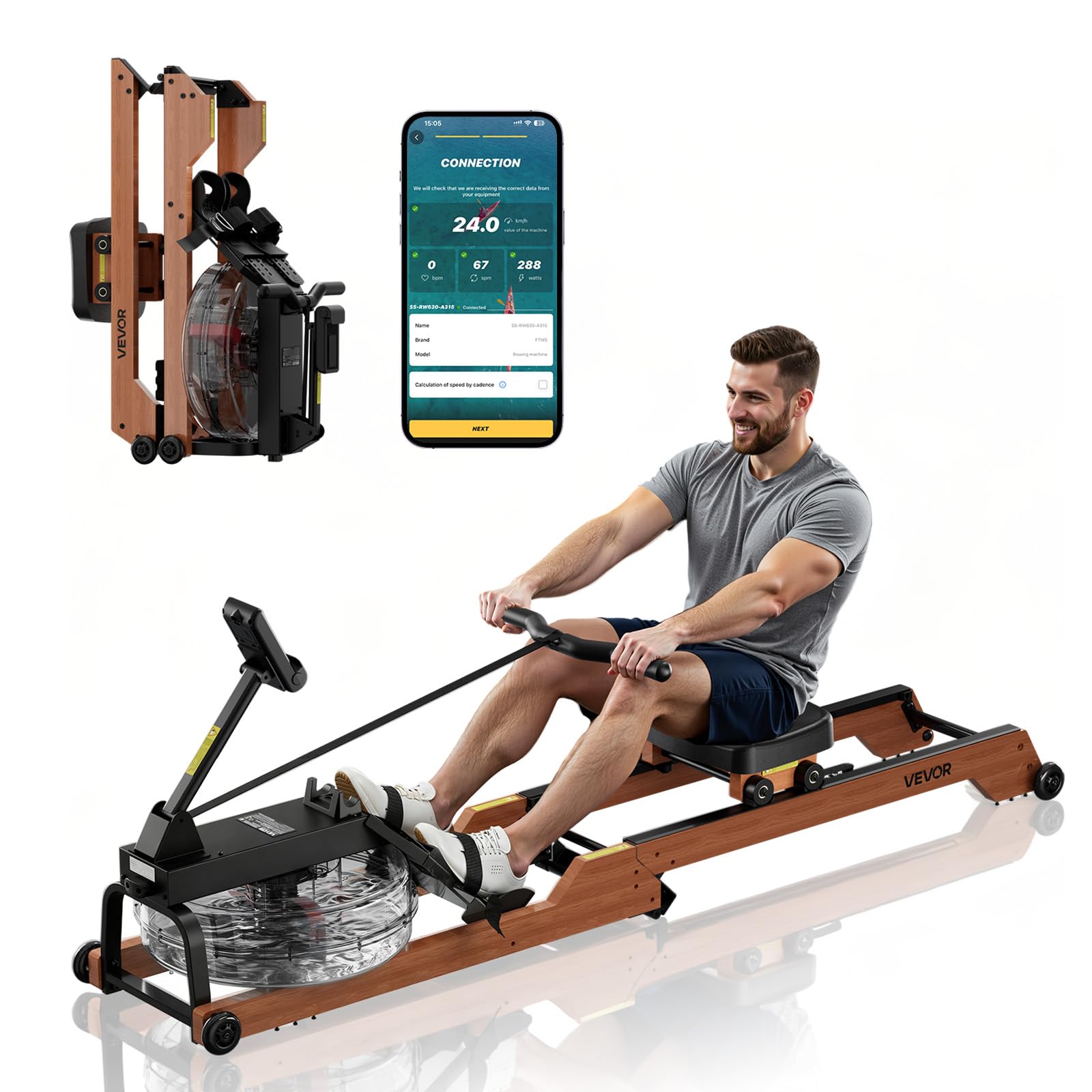 VEVOR Máquina de Remo, con 6 Niveles de Resistencia Silenciosa, Plegable, de Madera, con Tanque de Agua de 14 L y Pantalla LCD, Compatible con Aplicación Bluetooth, Capacidad de Peso de 158 kg