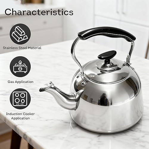 Miniatura 3 de Lily's Home Hervidor de té silbante para estufa, hervidor de agua de acero inoxidable de 2 cuartos de galón con silbato fuerte, mango frío al tacto