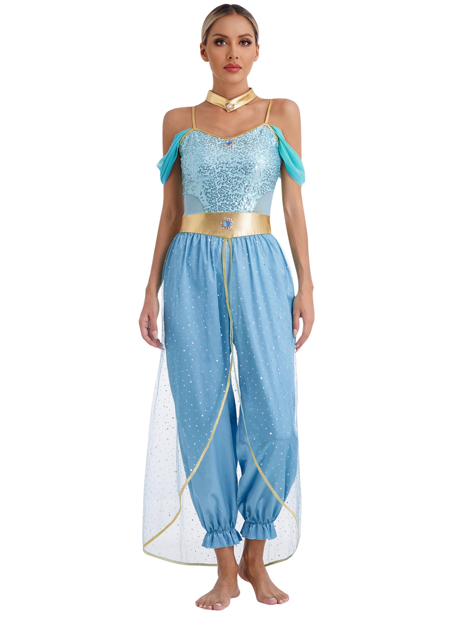 Runhomal Women's Arabian Princess Costume India Fancy Dress Performance Belly Dance Outfits Blue XL — image 1