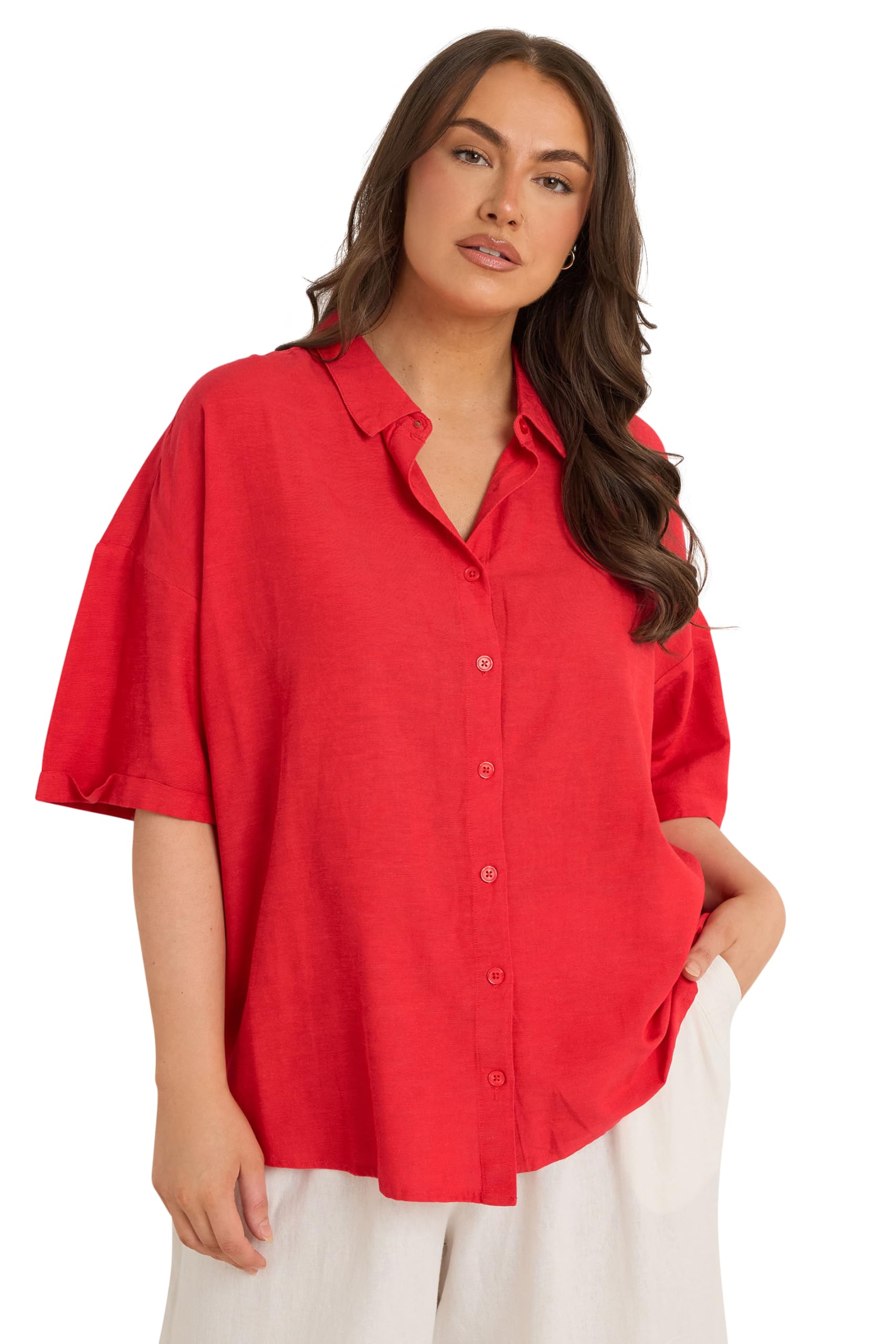 Evans Short Sleeve Linen Shirt Red Women's Size 20