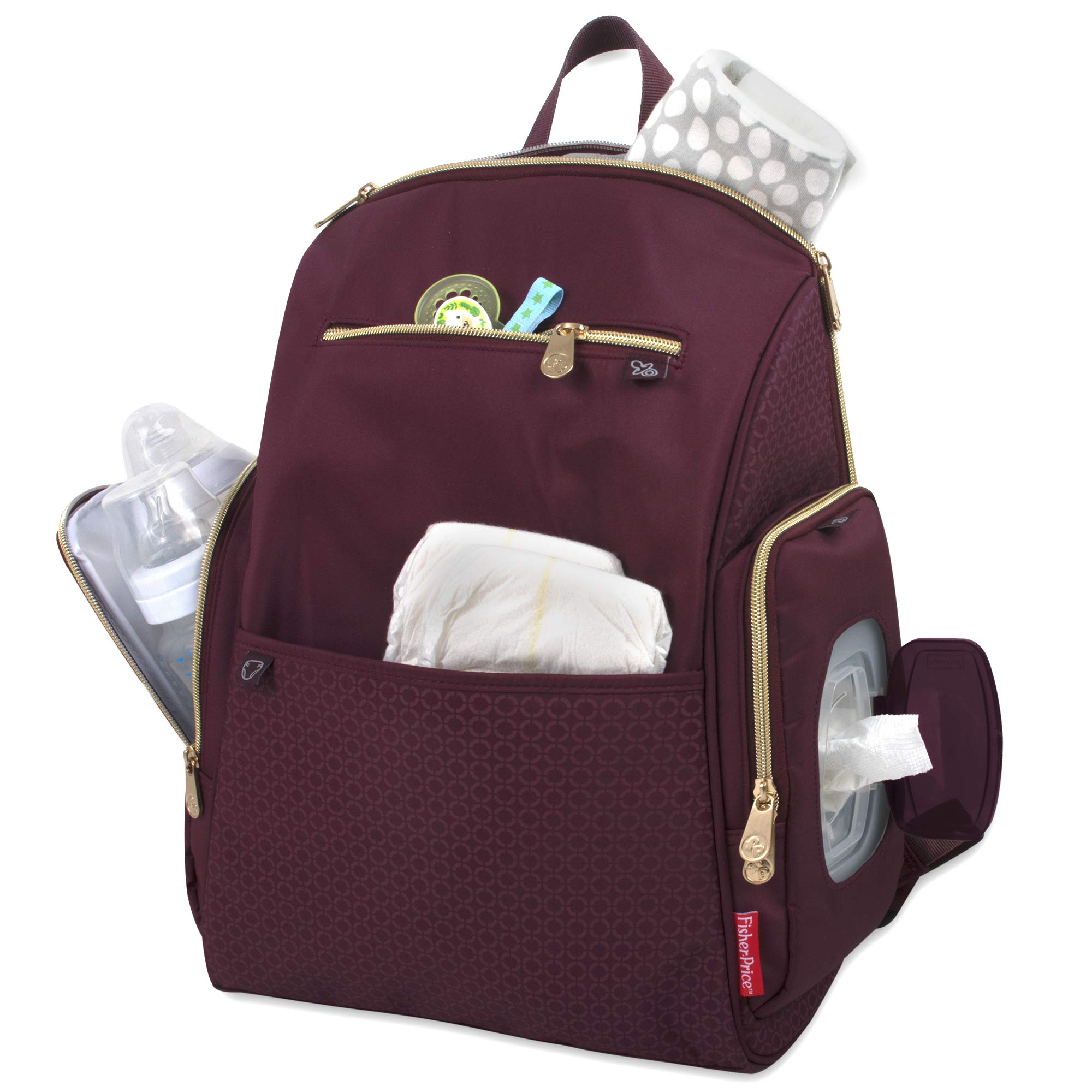 Fisher-Price Fastfinder Gemma Diaper Bag Backpack with Portable Changing Pad, Wipes Dispenser (Burgundy)
