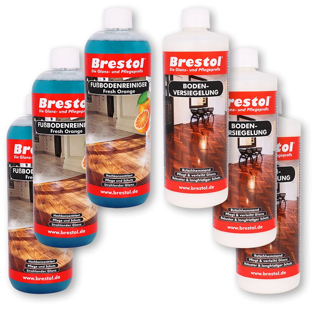 BRESTOL® Limpiador de suelos de naranja fresca, 3 x 1000 ml + sellado para suelos, 3 x 1000 ml, juego para azulejos, laminado, parqué, suelos de piedra, PVC, linóleo, etc.