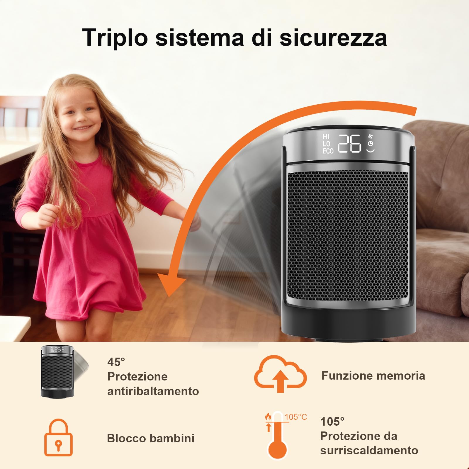 OSTBA Stufetta Elettrica Silenziosa 1500W, Riscaldatore Portatile a Basso Consumo per Camera da Letto e Ufficio, Stufa con Telecomando, ECO, Oscillazione 70°, Timer, Termoventilatore per Interni