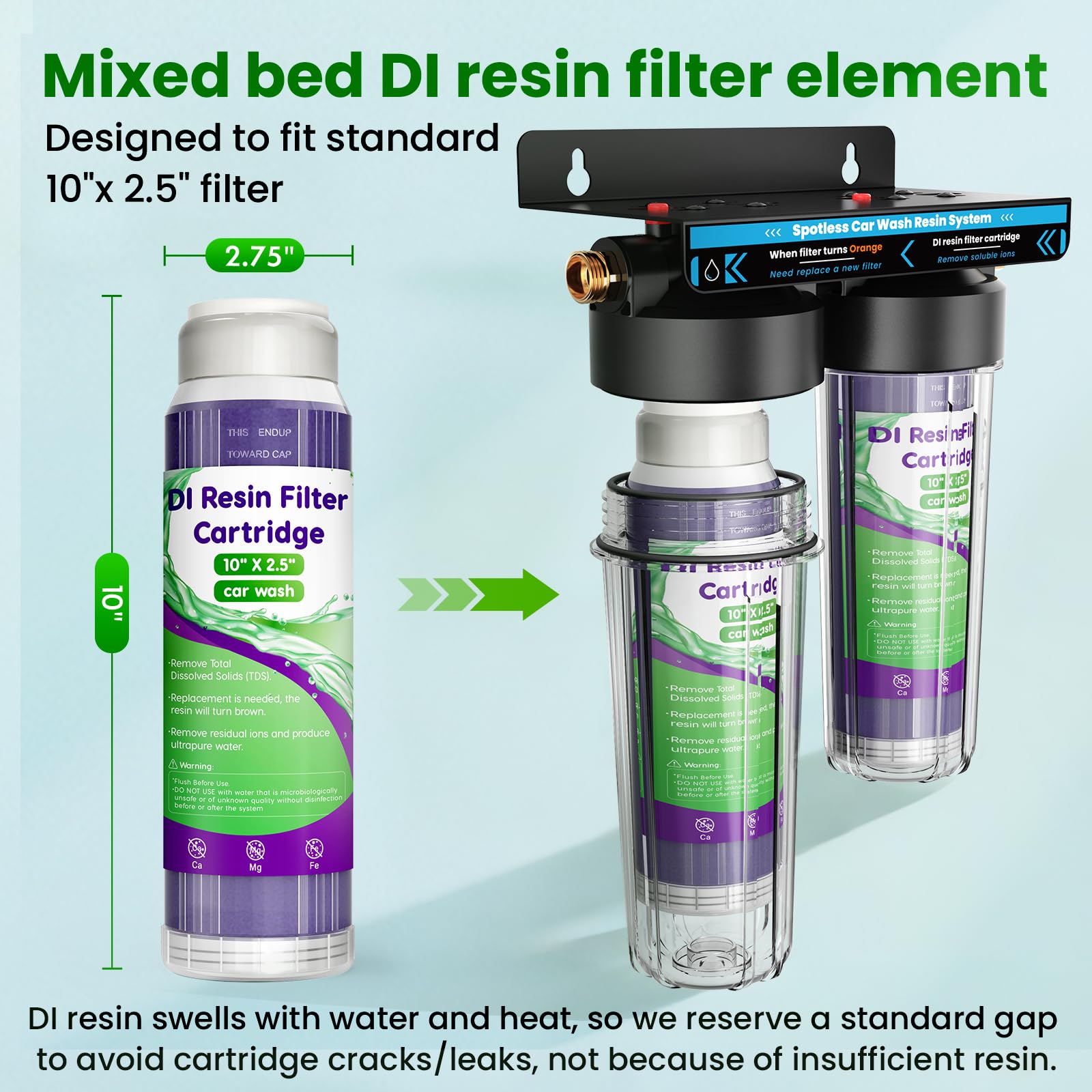 WLSINJL Mixed Bed DI Resin Filter Cartridge, 10''x 2.5'' DI Color Changing Replacement Cartridge, Deionized Resin for Spot-Free Car Wash System, Window Cleaning & Aquarium, 2-Pack — view 5