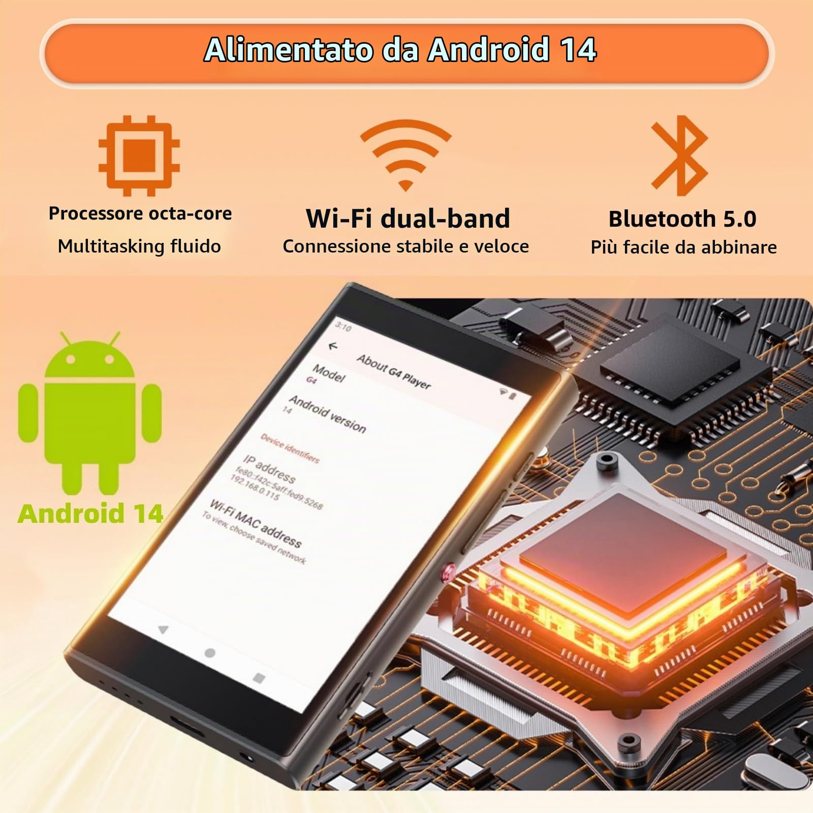Lettore MP3 da 96 GB con Bluetooth e WiFi, lettore musicale Android 14 con Play Store, Spotify, Pandora, Amazon Music, schermo IPS da 4", MP3 e MP4 per bambini con Libby, Audible, fino a 512 GB