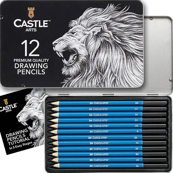 Castle Art Supplies 12 Piece Graphite Drawing Pencils Kit | for Adult Artists – Beginners and Advanced | Presented in Attractive, Compact, Sturdy Metal Case with Tutorial