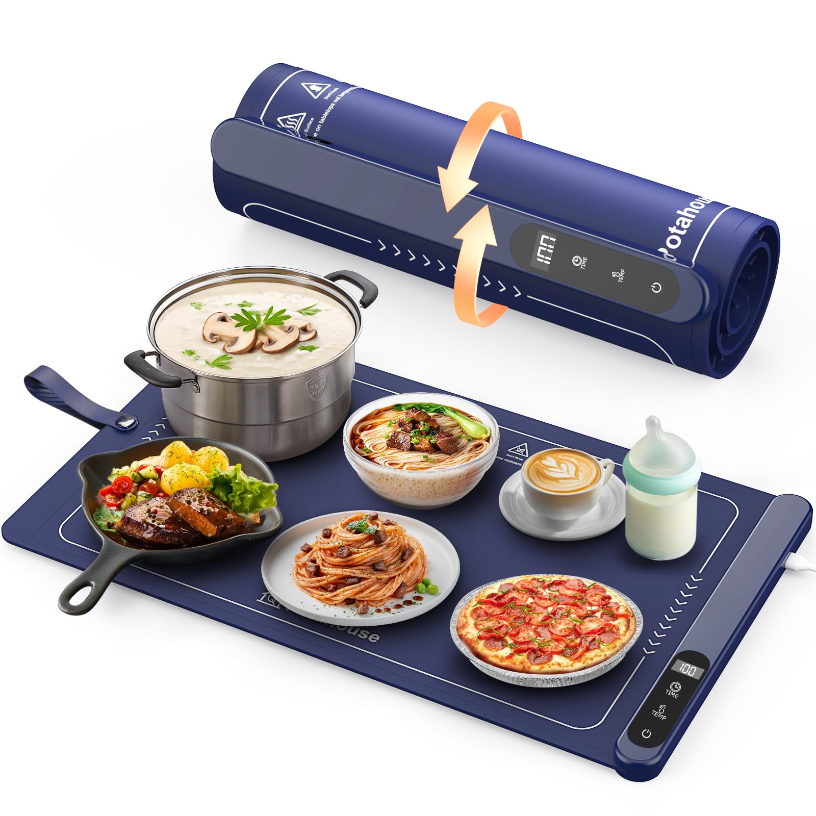 Potahouse® Warming Mat for Food, Graphene Full-Surface Fast Heating, Electric Warming Tray with 6 Temp & Timer Settings, Rollable & Portable Silicone Food Warmer for Parties, Home and Travel, Blue