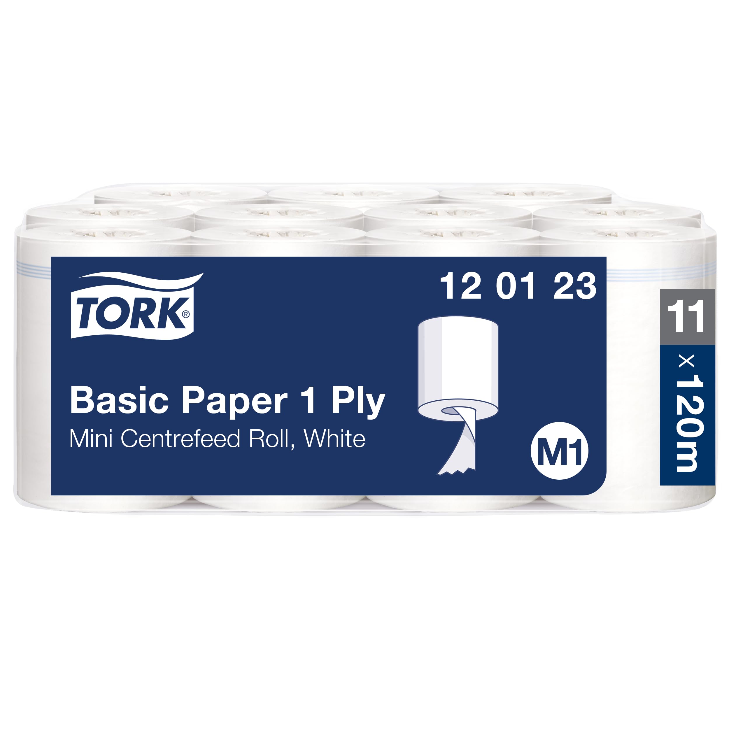 Tork 120123 Carta per asciugatura Universal, compatibile con sistema M1 (ad estrazione centrale mini), 1 velo, 1 x 11 Rotoli (11 x 120 m), bianco