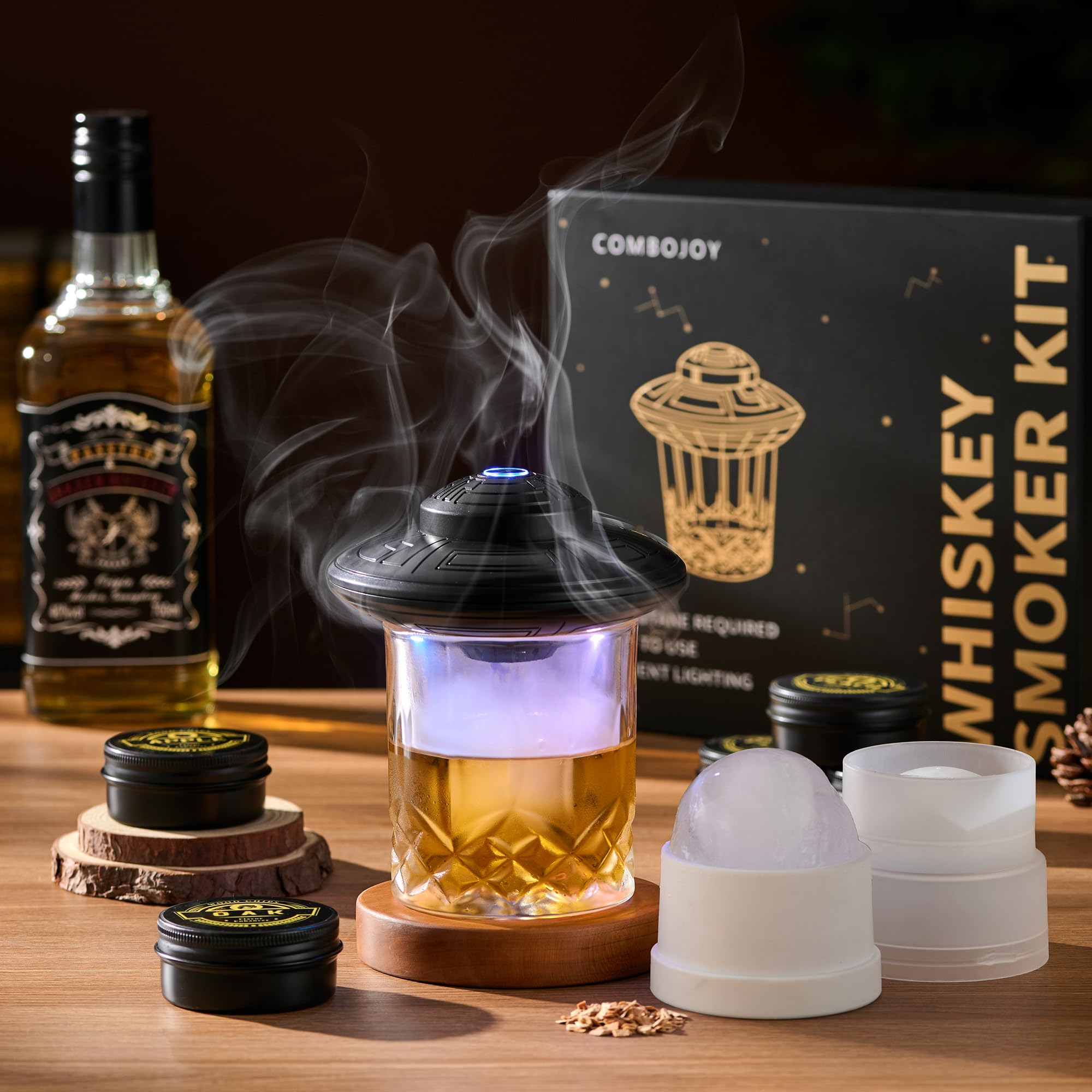 ComboJoy Elektrisches Whisky-Räucherkit mit LED, 6 Aromaholzspäne, Whisky-Glas & Eisform, wiederaufladbarer Cocktail-Räucheraufsatz – Bourbon Geschenk für Männer, Vater & Ehemann, Schwarz