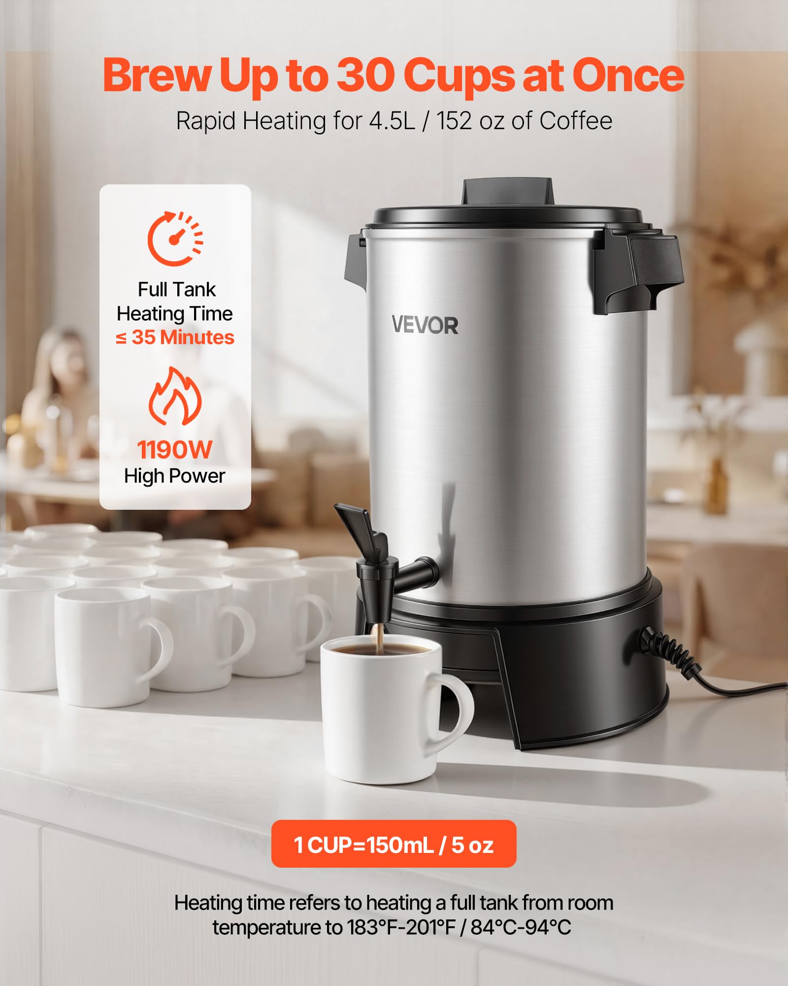 VEVOR Distributore Bevande Calde Caffè Elettrico 250x270x370 mm Capacità 4,5 L, Caffettiera con Rubinetto Antigoccia 1190 W, Controllo Automatico di Temperatura, Erogatore Caffè Tè Vin Brulè, Hotel
