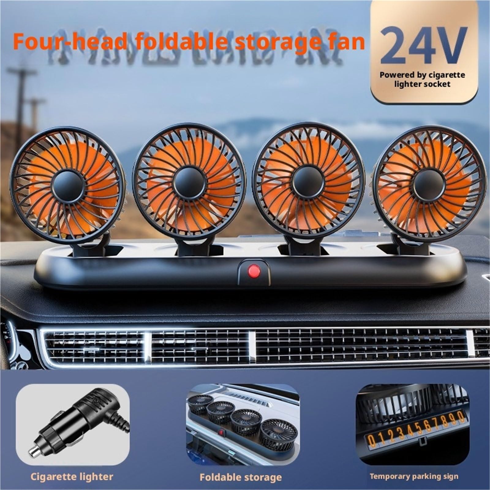 Ventilatore Elettrico Automobilistico Regolabile A 360° Auto USB 5V/12V/24V | Ventola USB 5V//12V/24V Ventola silenziosa per auto a 3 velocità per casa, scrivania, ufficio e auto(Orange 4-head 24V)