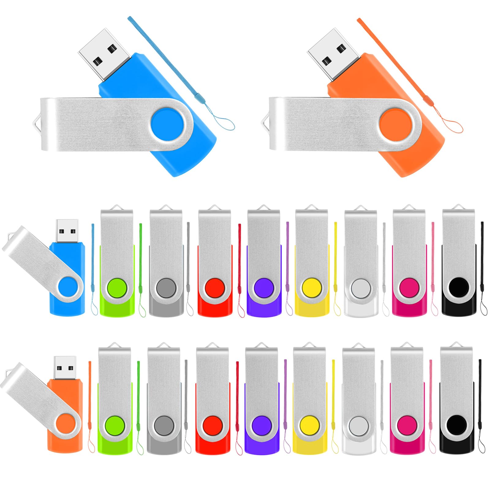 Bulk USB Flash Drives 4GB Thumb Drive 20 Pack Swivel Memory Stick Jump Drives Multipack Flashdrive with Lanyards, Portable USB Drive Zip Pendrive Photo Stick Data Storage Back to School Supplies