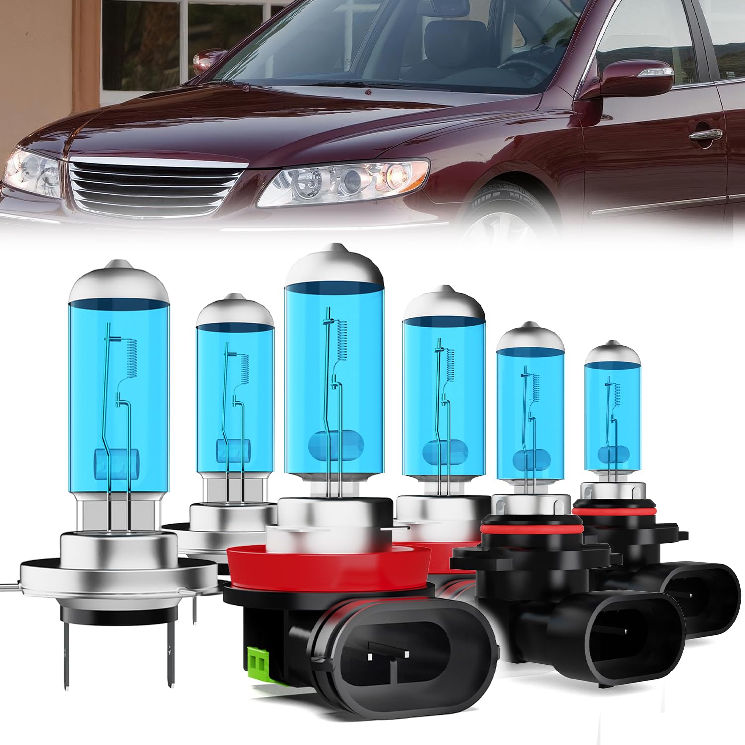 Headlight Bulbs Compatible With Hyundai Azera 2007-2010, H7 High Beam + H11 Low Beam + 9006 Fog Lights Halogen Light Bulb Combo, Super Bright 6000K White, Plug and Play, Pack of 6