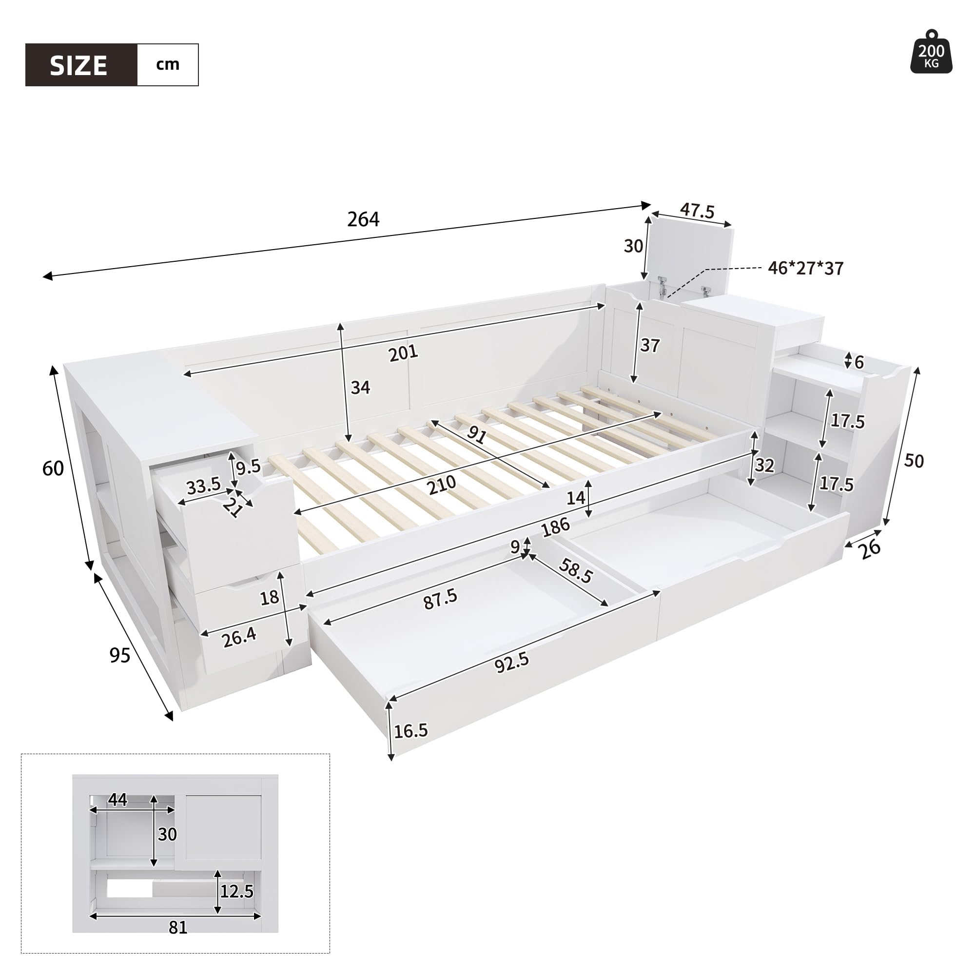Letto singolo 90 x 200 cm, con comodino e libreria, divano letto con vano portaoggetti testiera e cassetti, letto con ripiano e rete a doghe, senza materasso, bianco