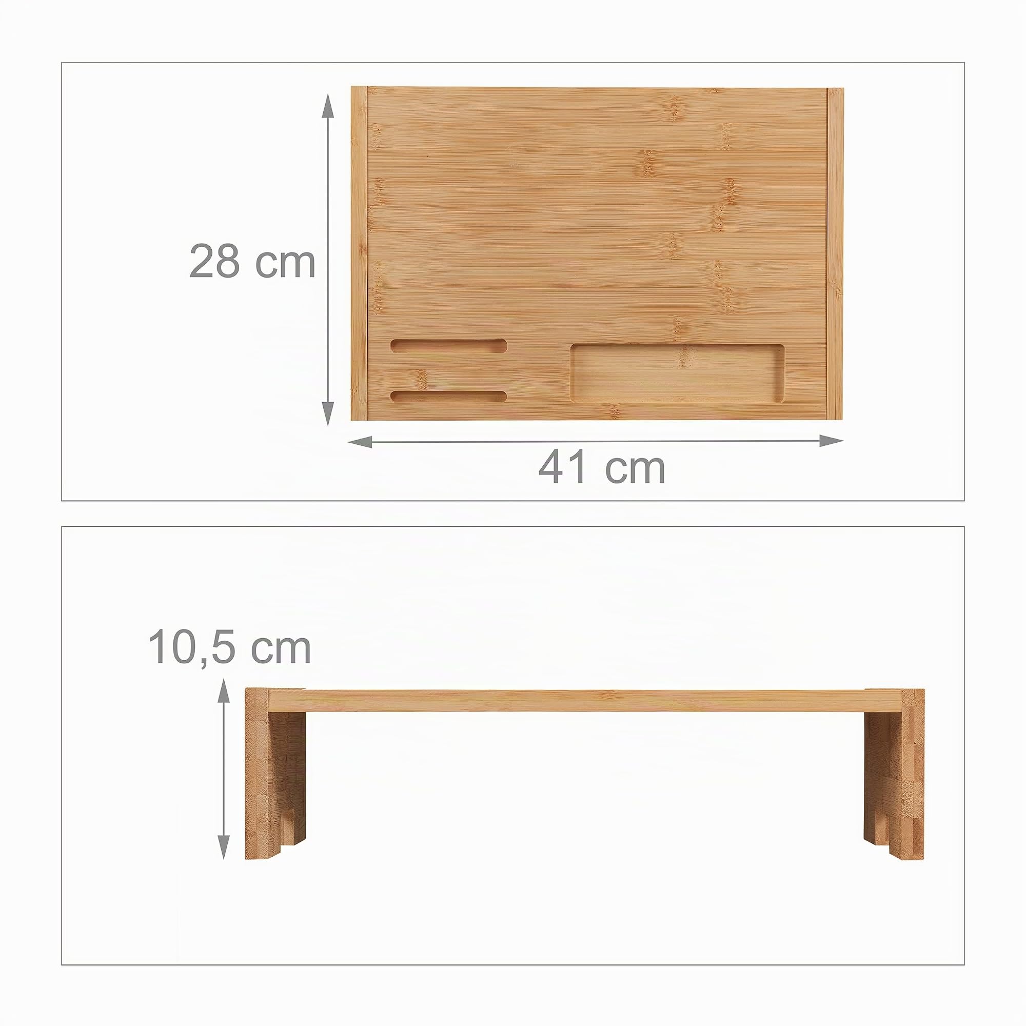 Relaxdays Supporto per Monitor, Rialzo per Schermo con 3 Scomparti, Stand per PC, HxLxP: 10,5x41x28 cm, Marrone Naturale
