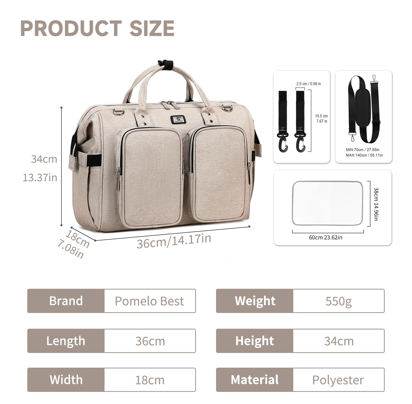 Pomelo Best Sac à Langer Bandoulière - Sac Maternité Bébé Bag Grande Capacité en Oxford Imperméable pour Fille Garçon avec 2 Crochets Poussette et 1 Matelas à Langer
