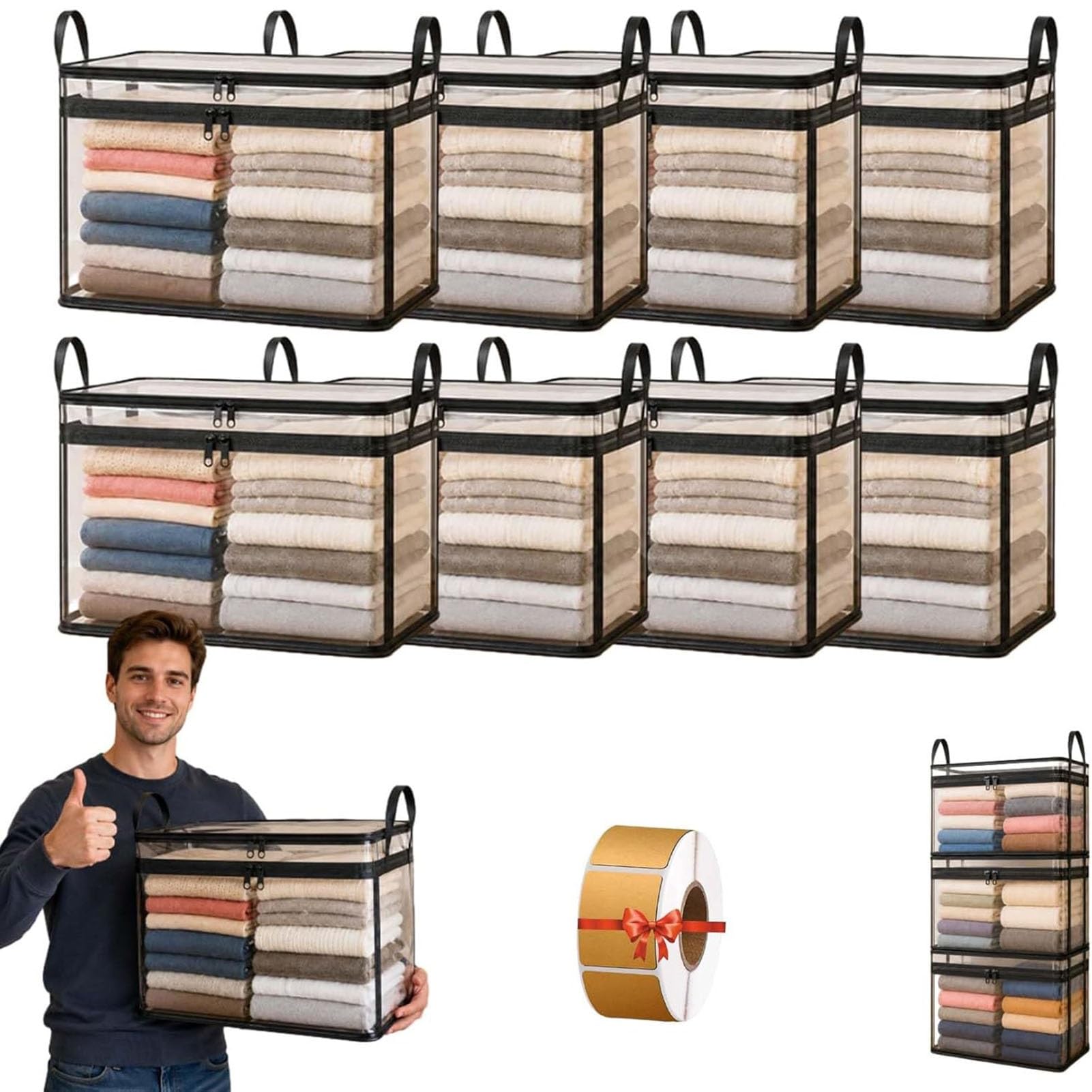 ZhuiFengAA Large Heavy-Duty Thick Plastic Clear Storage Bag For Clothes, Moving With Zipper Tote Bins Lids Packing Boxes College Extra Containers Dorm Organizers(8PCS)