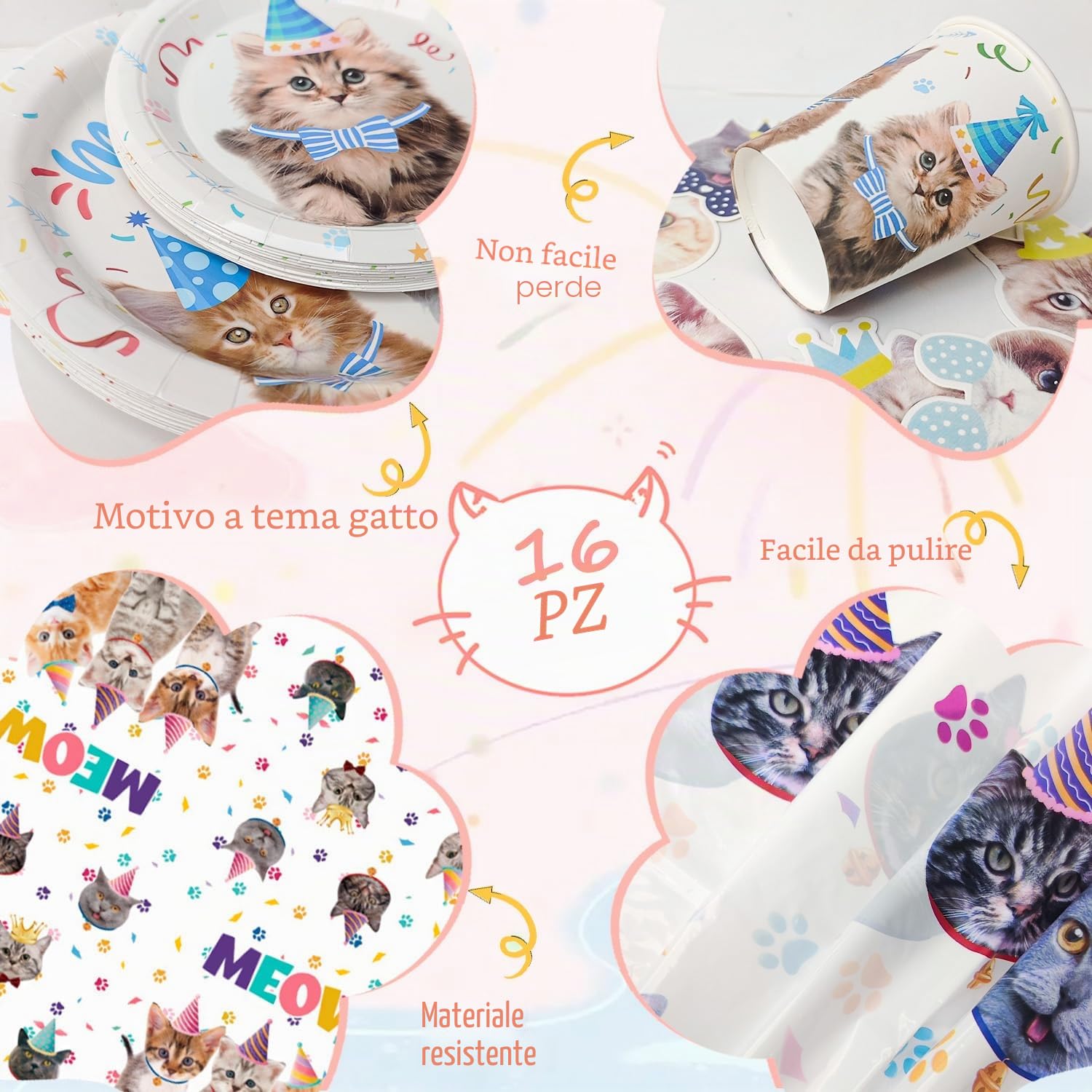 Decorazioni per Feste di Gatti,93 Pezzi Set Stoviglie & Decorazioni Gatti Compleanno Kit-Striscione Compleanno Gatto Piatti Tovaglioli Tovaglia etc Forniture per Feste di Compleanno di Gatti