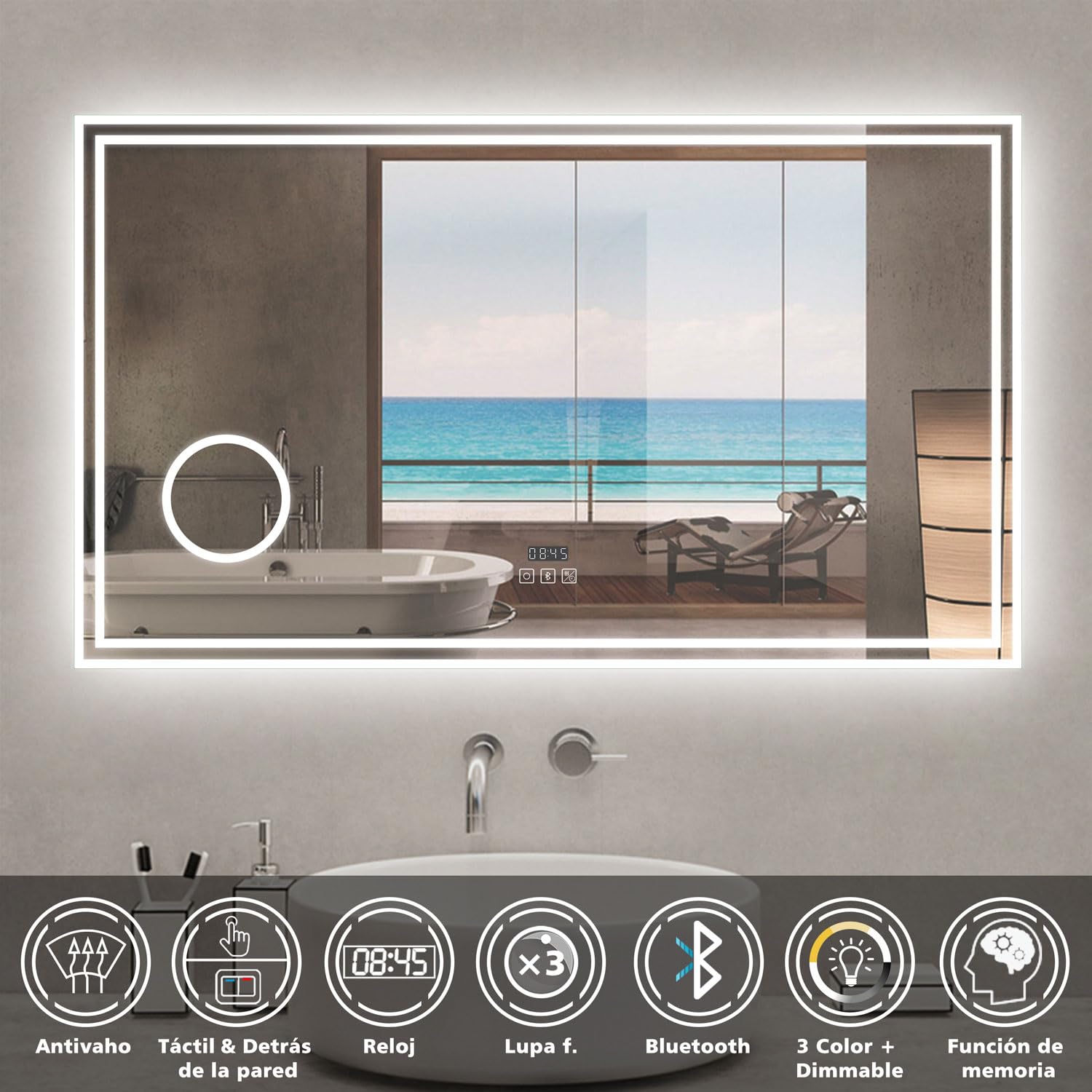 Espejo de baño con luz LED,120 x 70 cm, AICA Espejo, con luz led 3 Colores, función antinieble, Memoria agapada, billo Ajustable Bluetooth, Lupa con Aumento de 3X y Reloj Digital. Diseño Moderno.