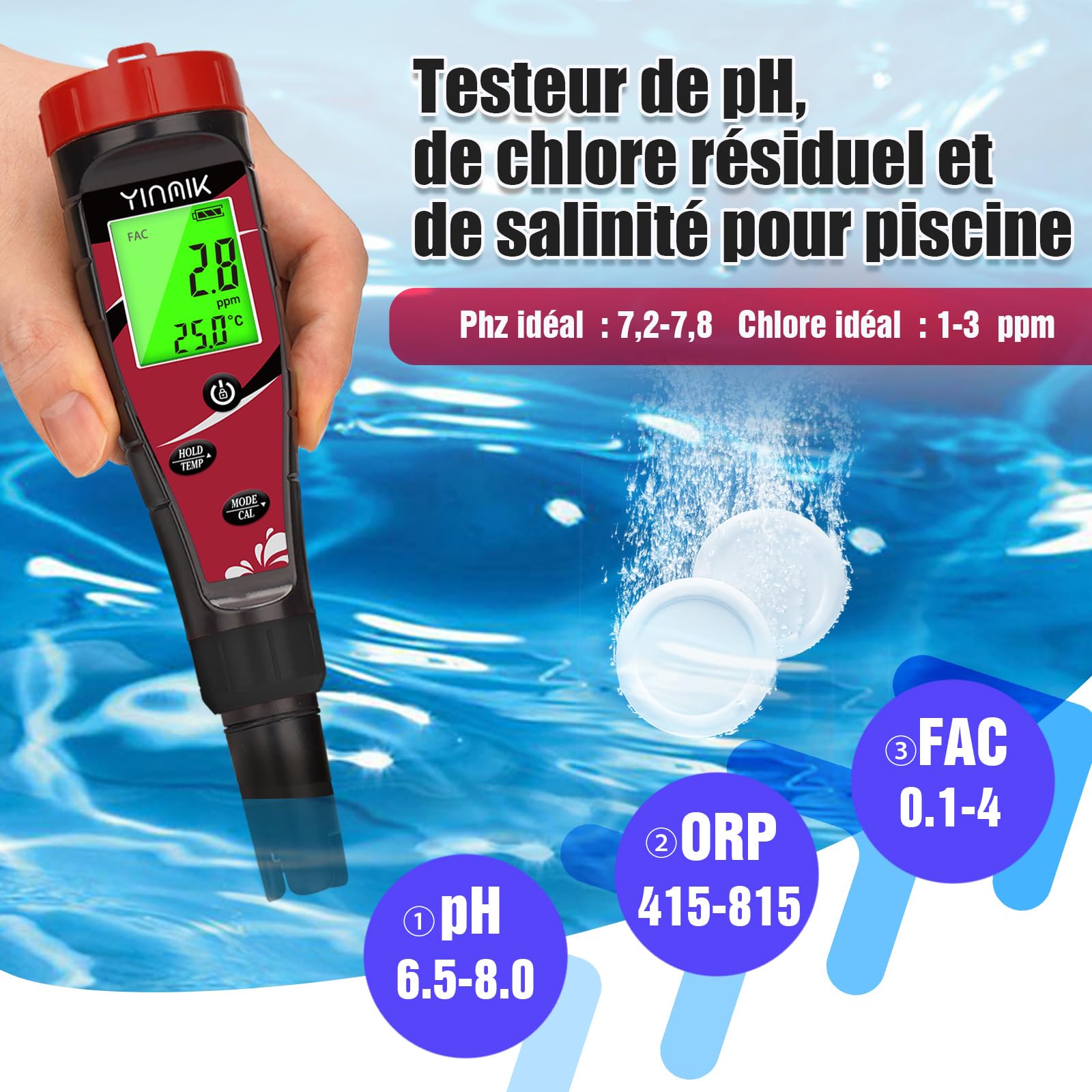 YINMIK 7 en 1 Professionnel pH Mètre Piscine Chlore Sel, Électronique pour Aquarium, Hydroponie et Eau de Piscine, Mesure pH, EC et TDS